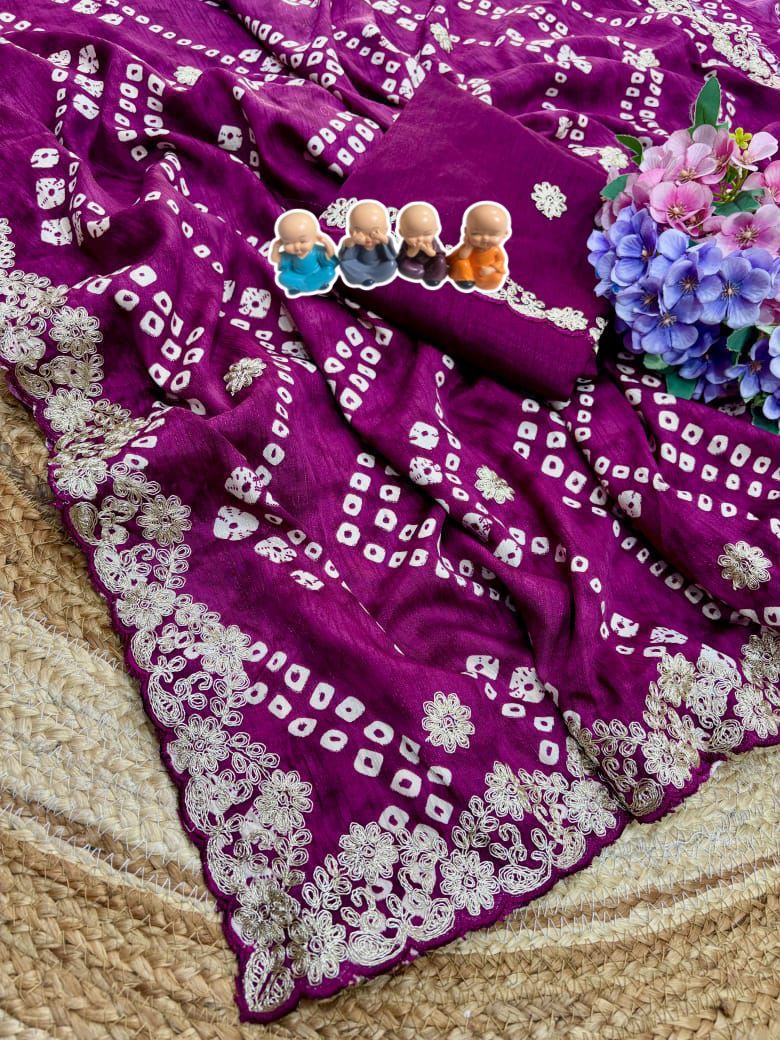 Kayatri New Crepe Silk Bandhani Print Cutwork Border Saree
