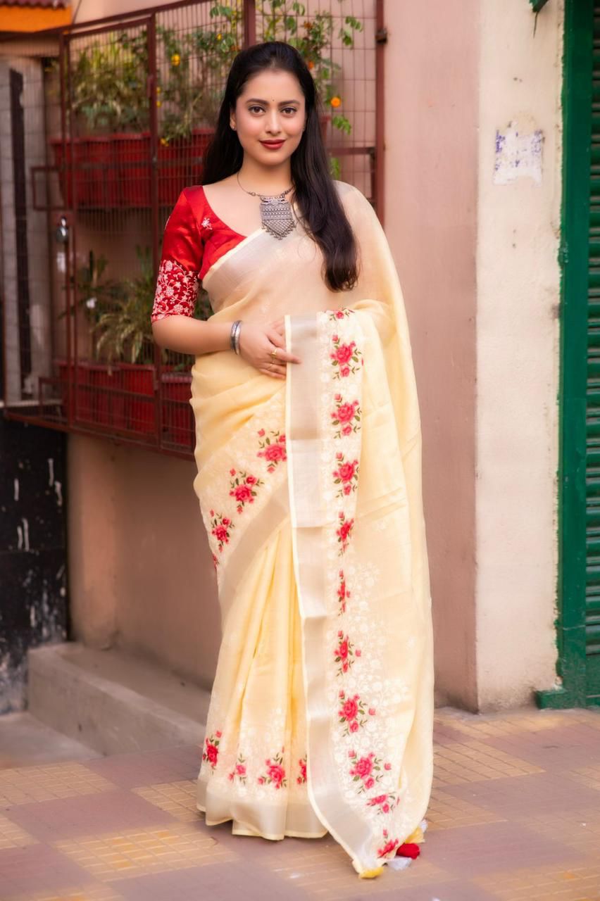 Kayatri Beautifull combination of white thread and multicolor emboridary Saree