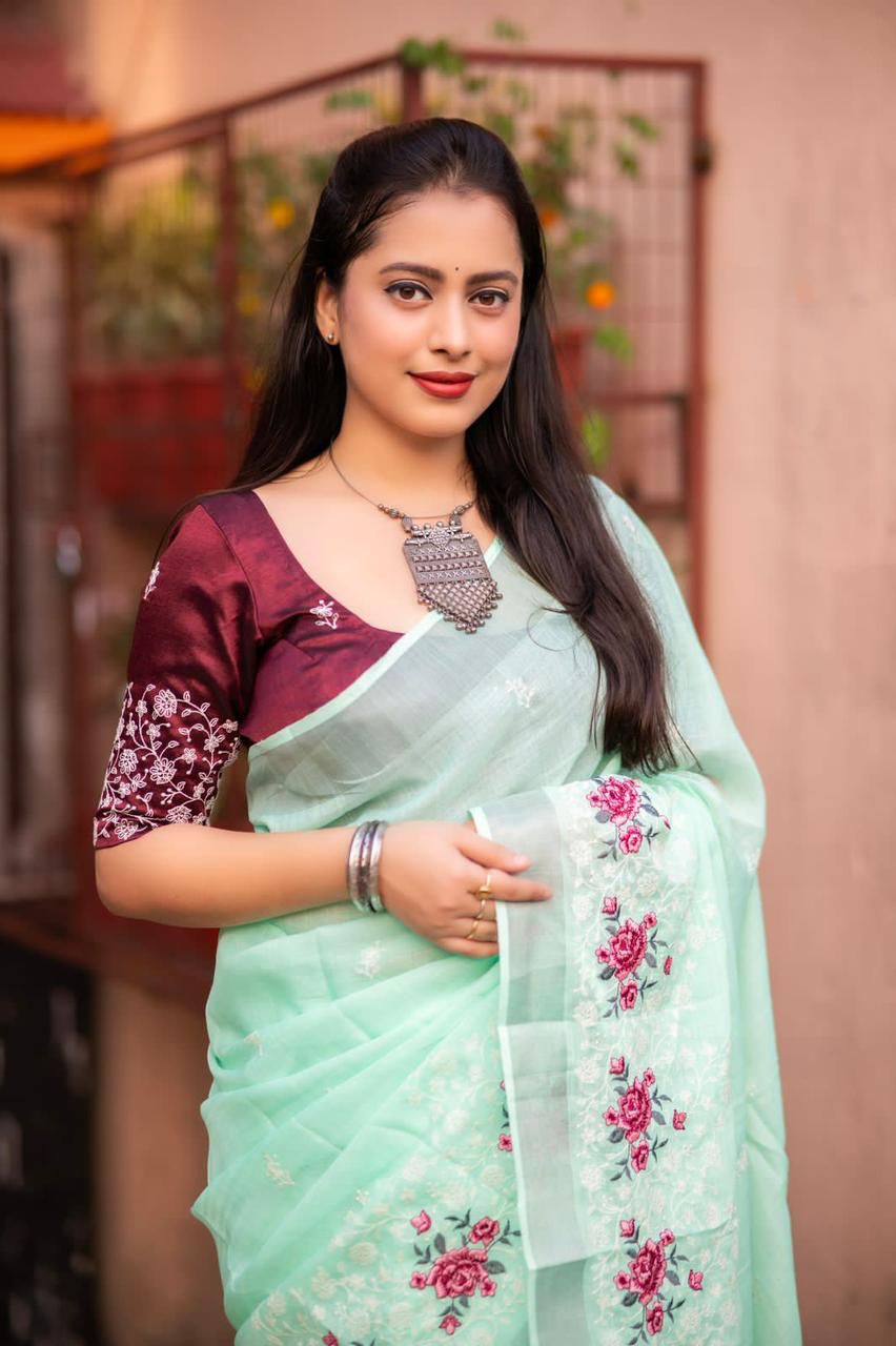 Kayatri Beautifull combination of white thread and multicolor emboridary Saree