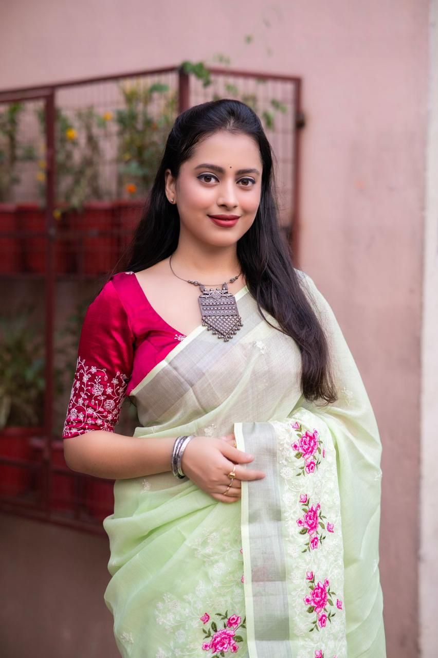 Kayatri Beautifull combination of white thread and multicolor emboridary Saree