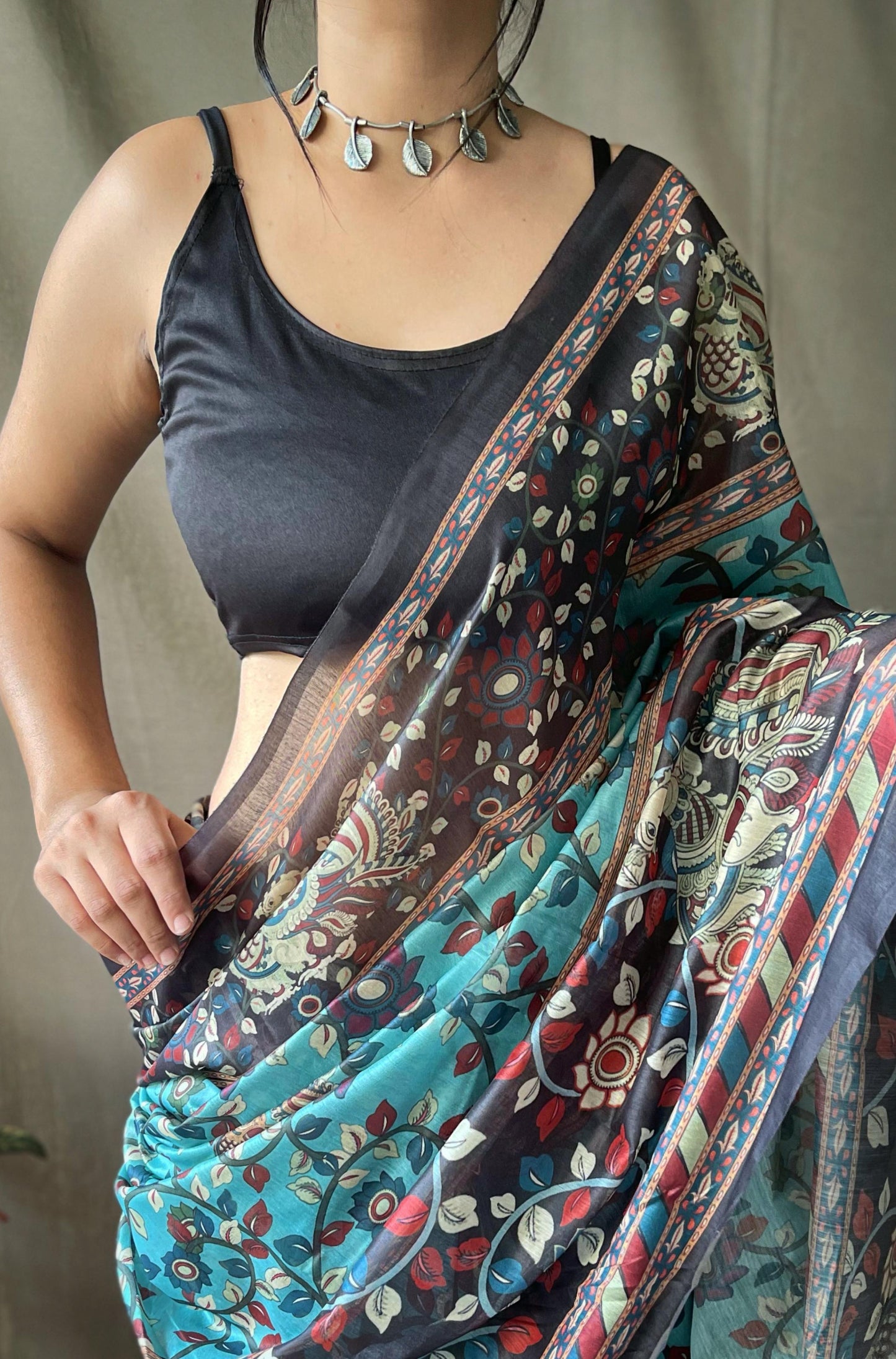 Kayatri Beautiful Pure Cotton Kalamkari Print With Contrast Pallu Saree