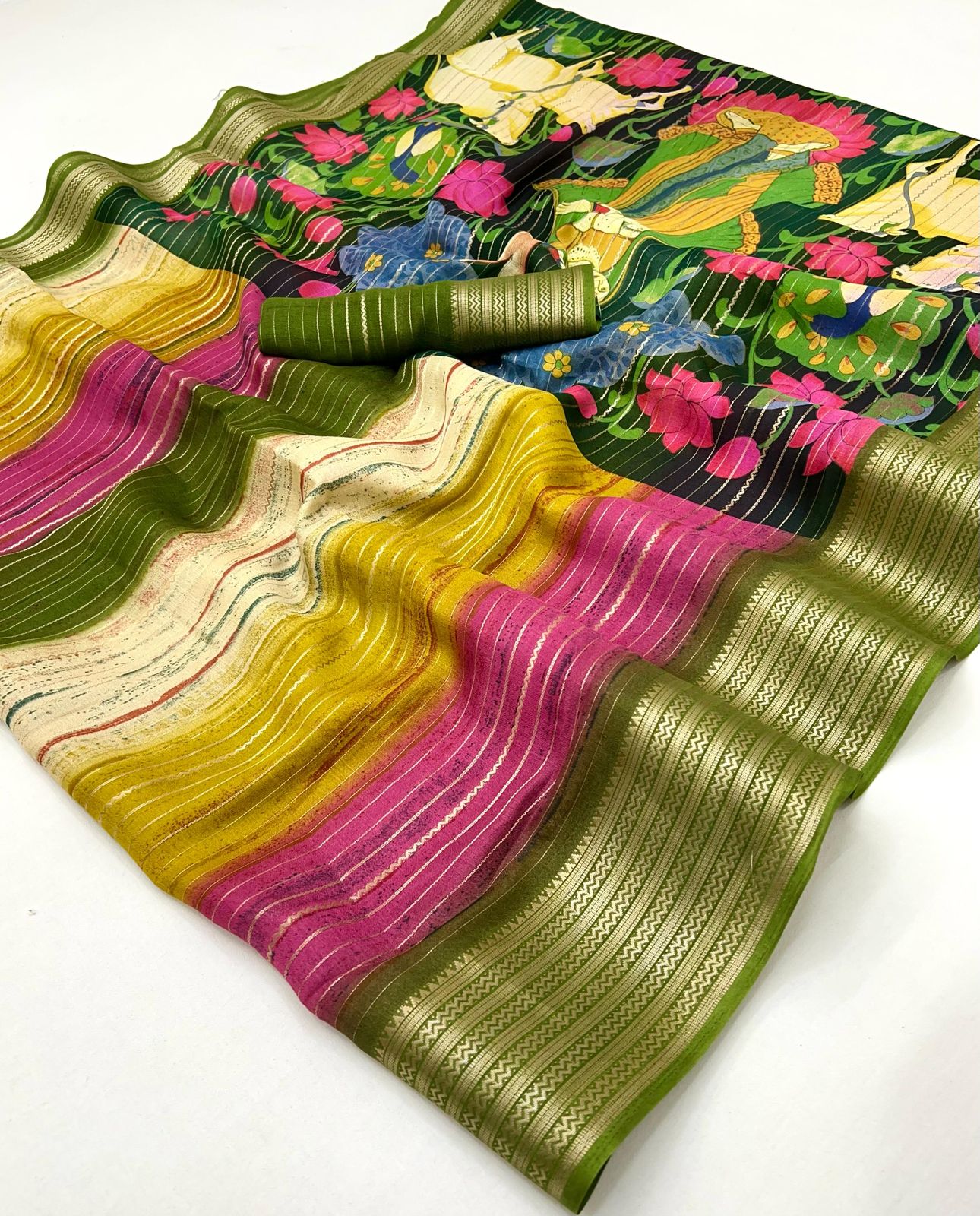 Kayatri Soft Moss Mill Print With Kalamkari Pallu Printed Saree