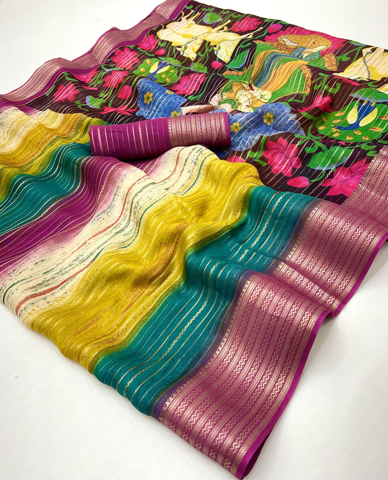 Kayatri Soft Moss Mill Print With Kalamkari Pallu Printed Saree