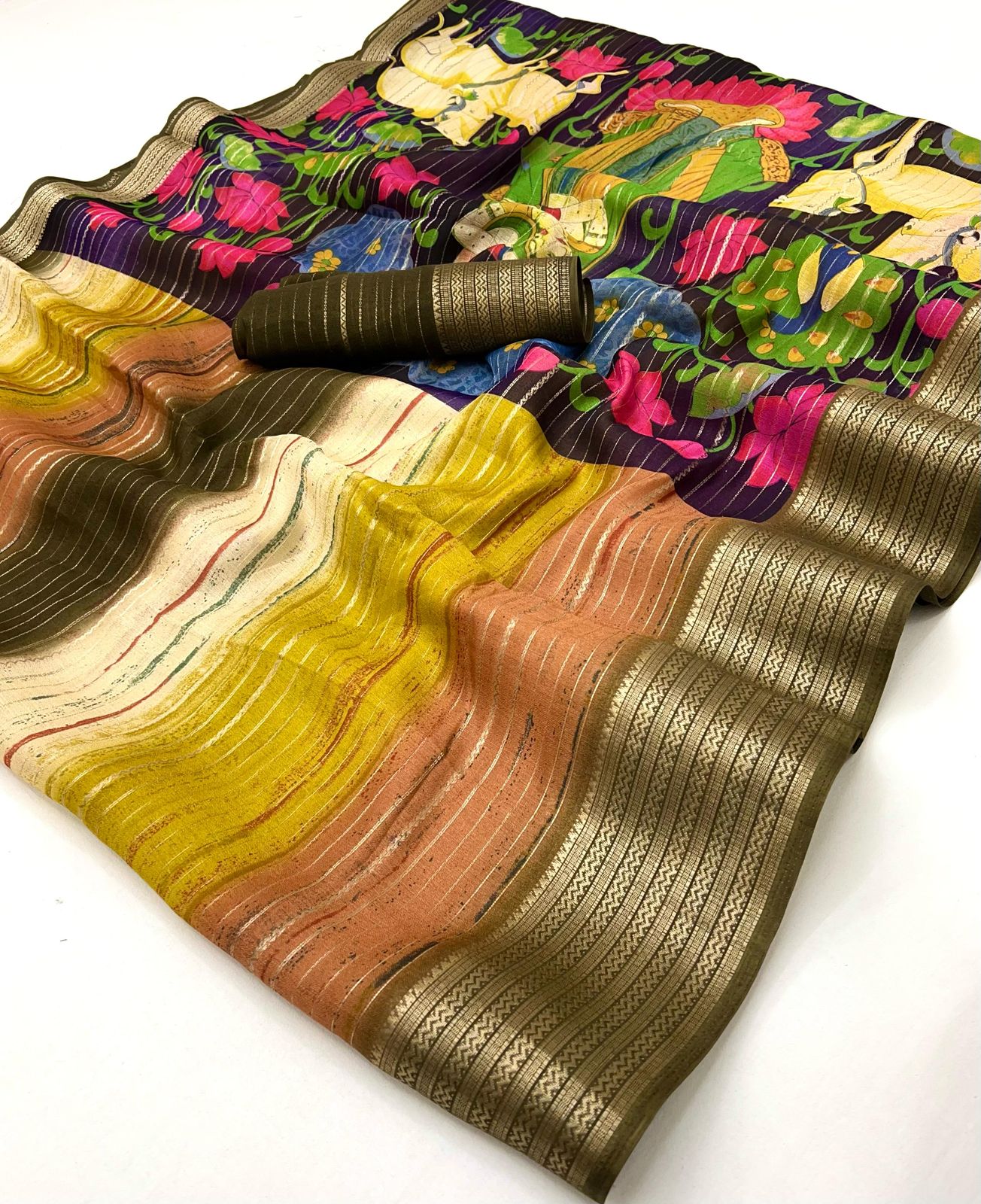 Kayatri Soft Moss Mill Print With Kalamkari Pallu Printed Saree