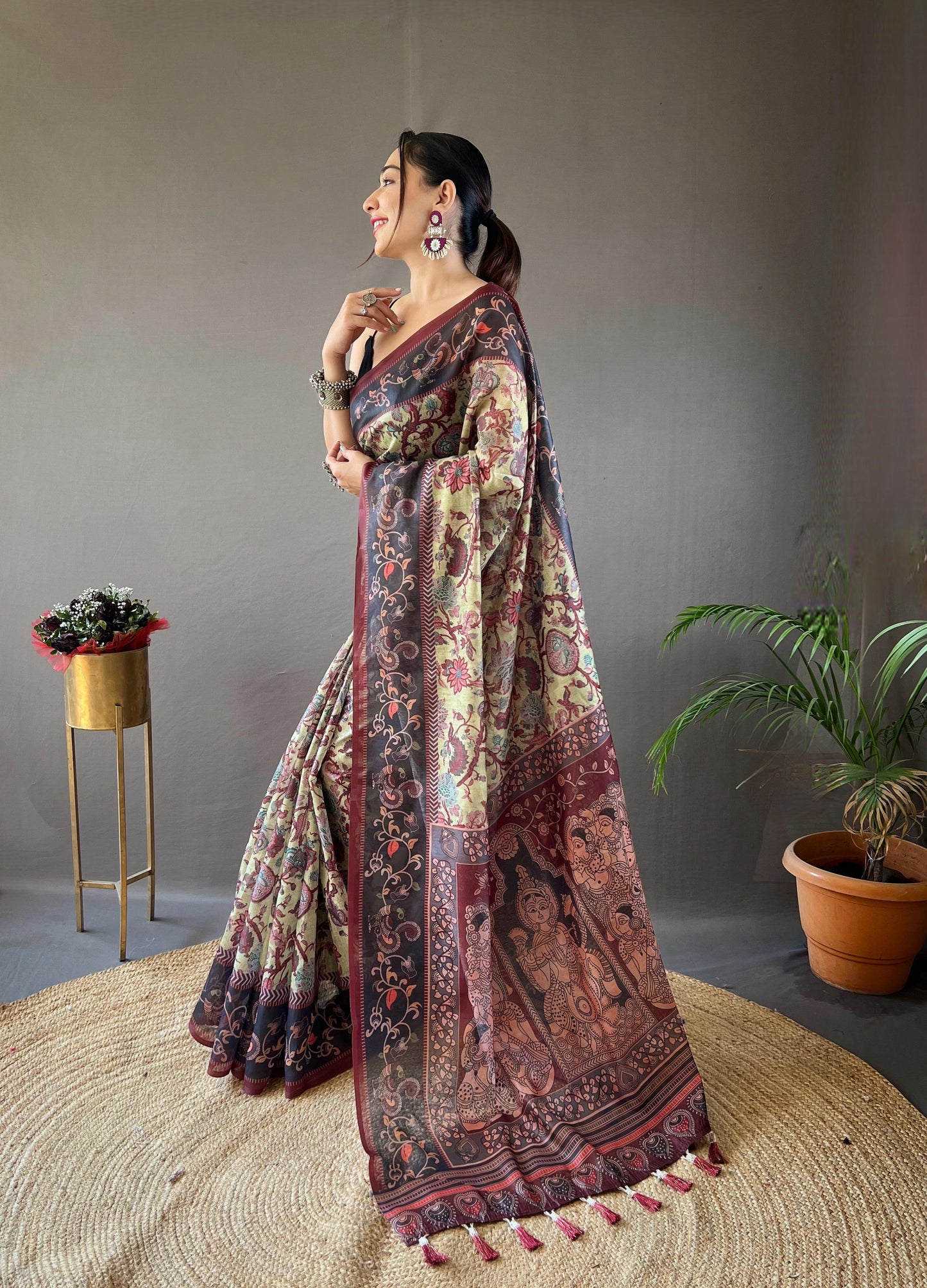 Kayatri New Pure Cotton Kalamkari Print With Contrast Pallu Saree