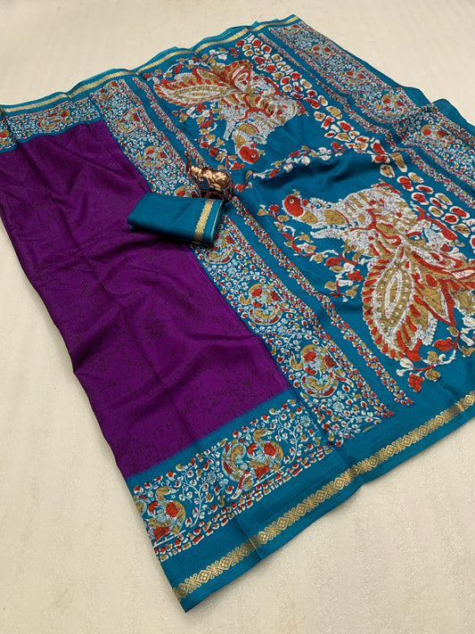 Kayatri Rich printed Kalamkari Pallu Dola Silk Saree