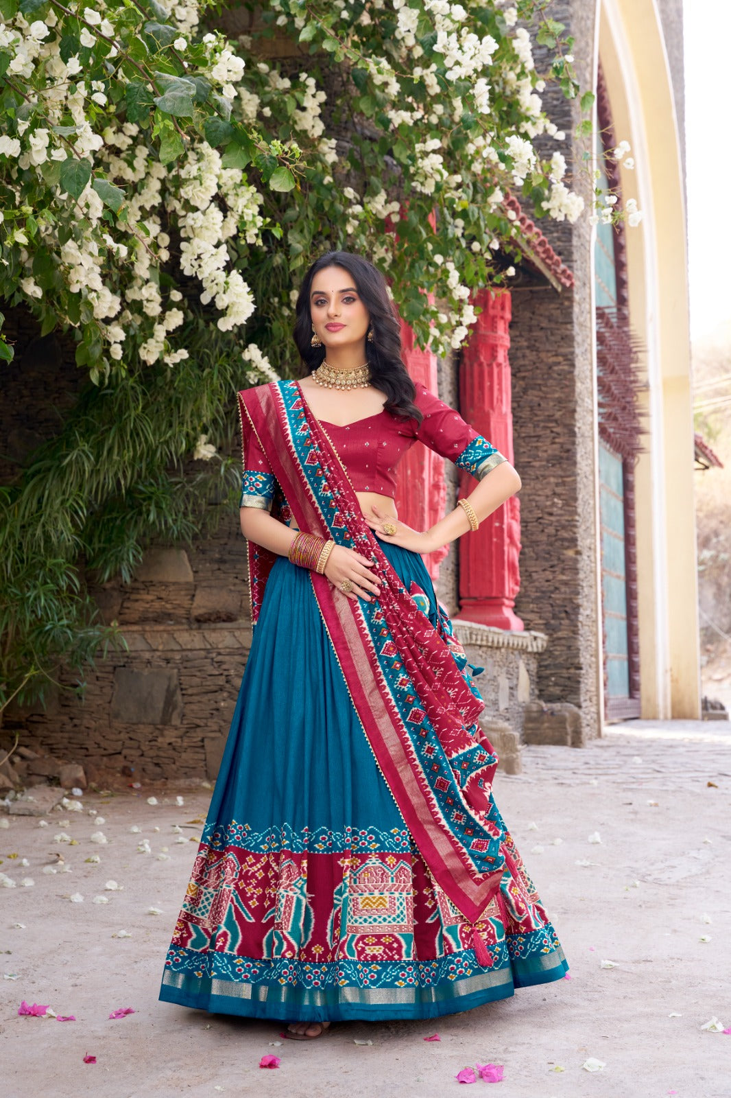 Kyatri New Designer Tussar Silk Patola Printed Gotapatti Border Lehenga
