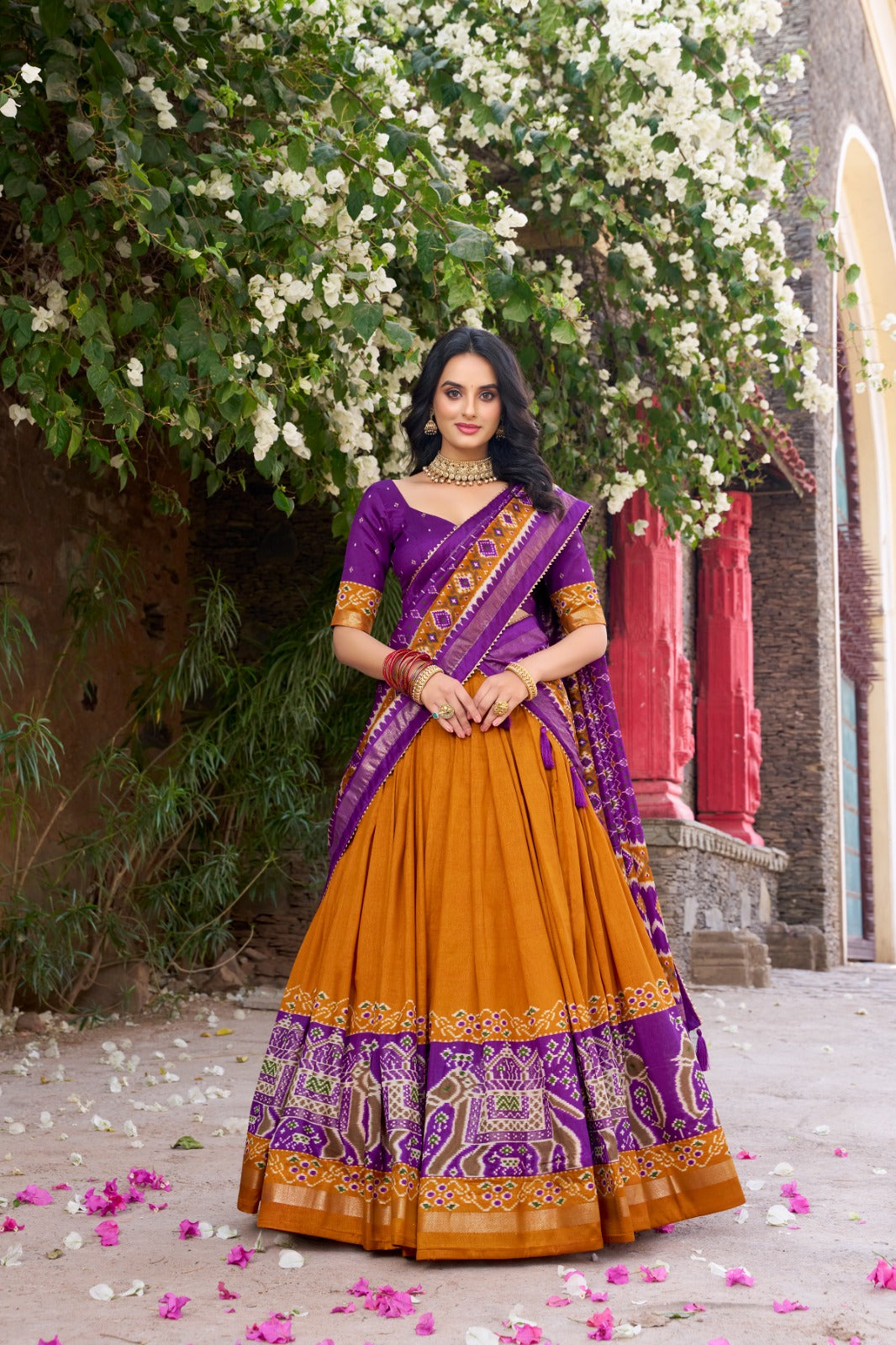 Kyatri New Designer Tussar Silk Patola Printed Gotapatti Border Lehenga