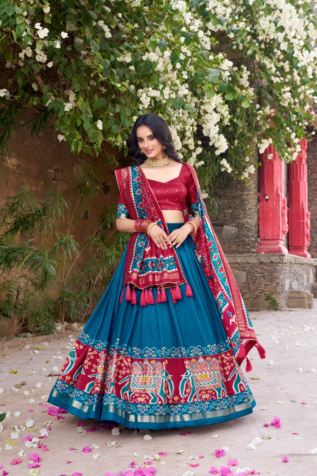 Kyatri New Designer Tussar Silk Patola Printed Gotapatti Border Lehenga