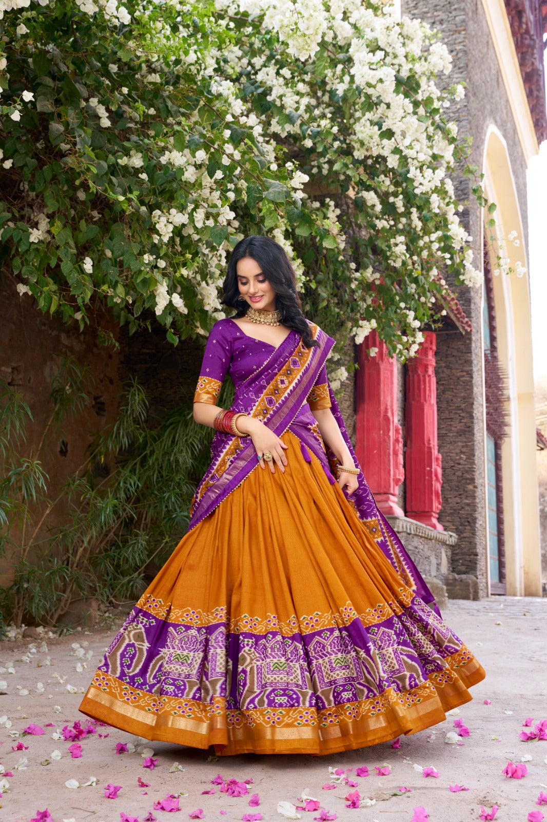 Kyatri New Designer Tussar Silk Patola Printed Gotapatti Border Lehenga