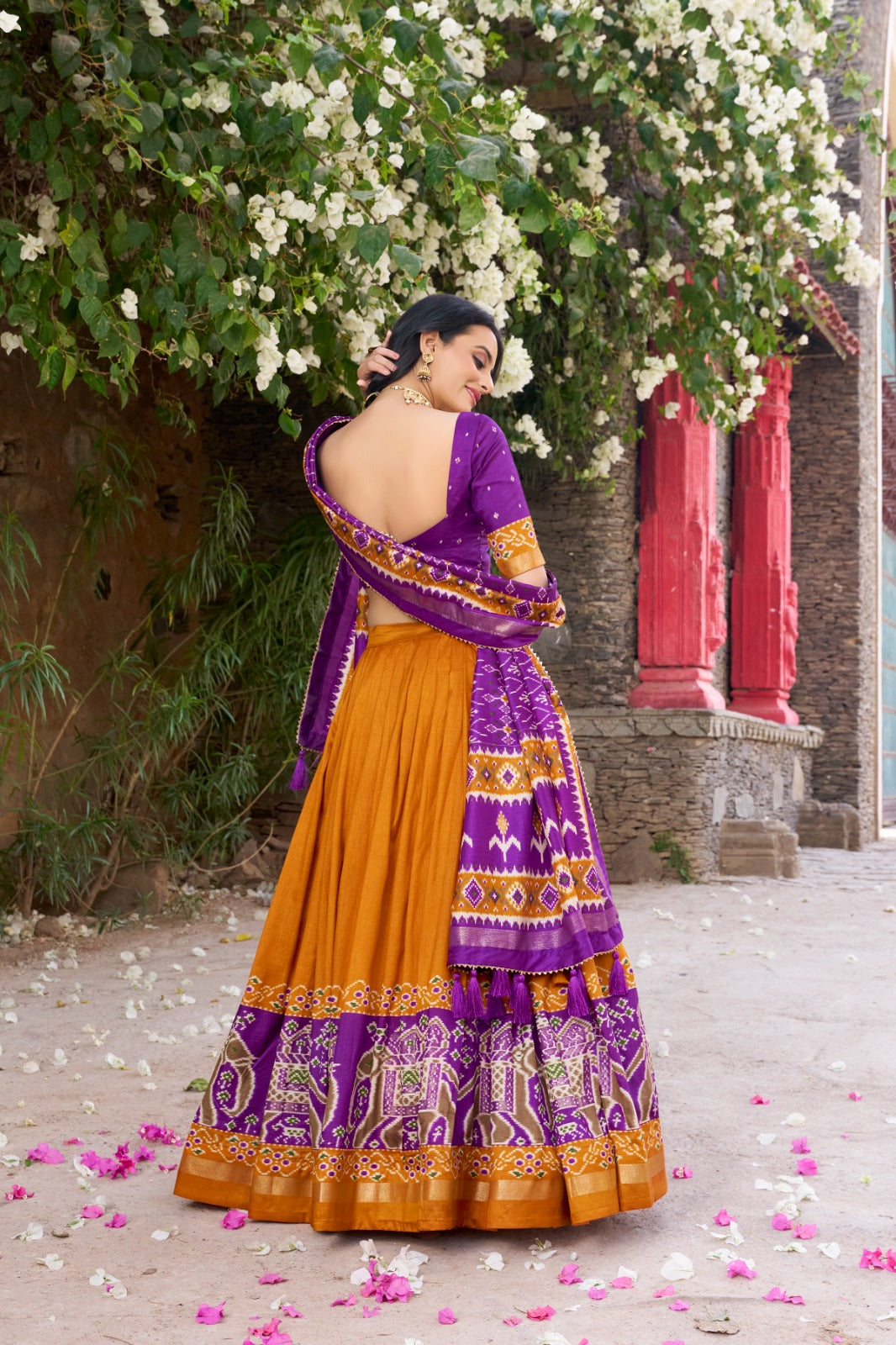 Kyatri New Designer Tussar Silk Patola Printed Gotapatti Border Lehenga