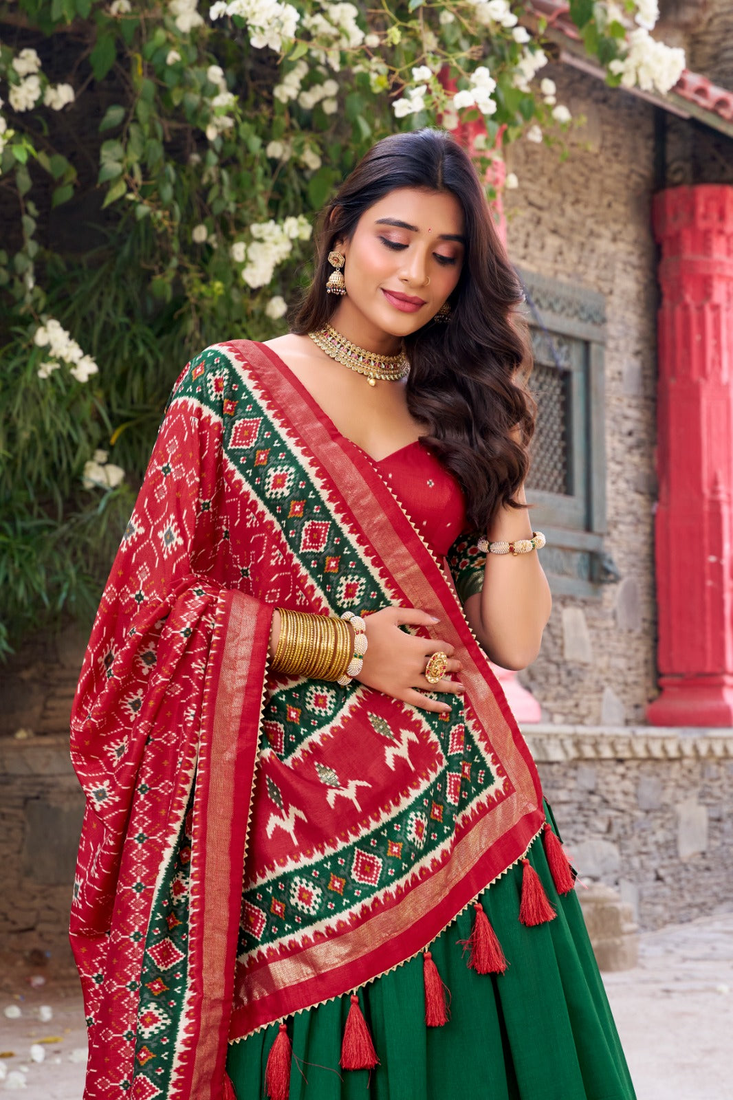 Kyatri New Designer Tussar Silk Patola Printed Gotapatti Border Lehenga