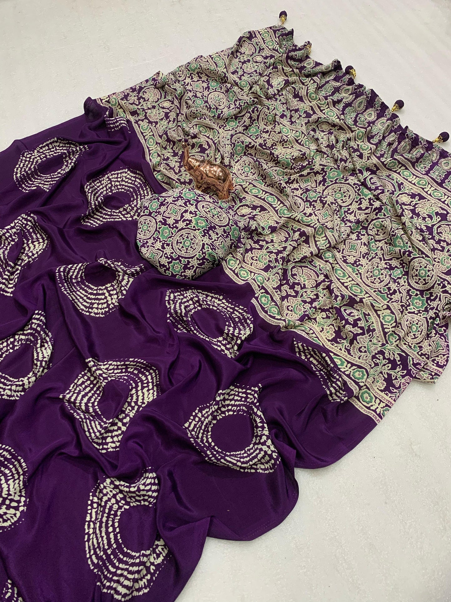 Kayatri Pure Crape Satin with Ajrak printed Sarees