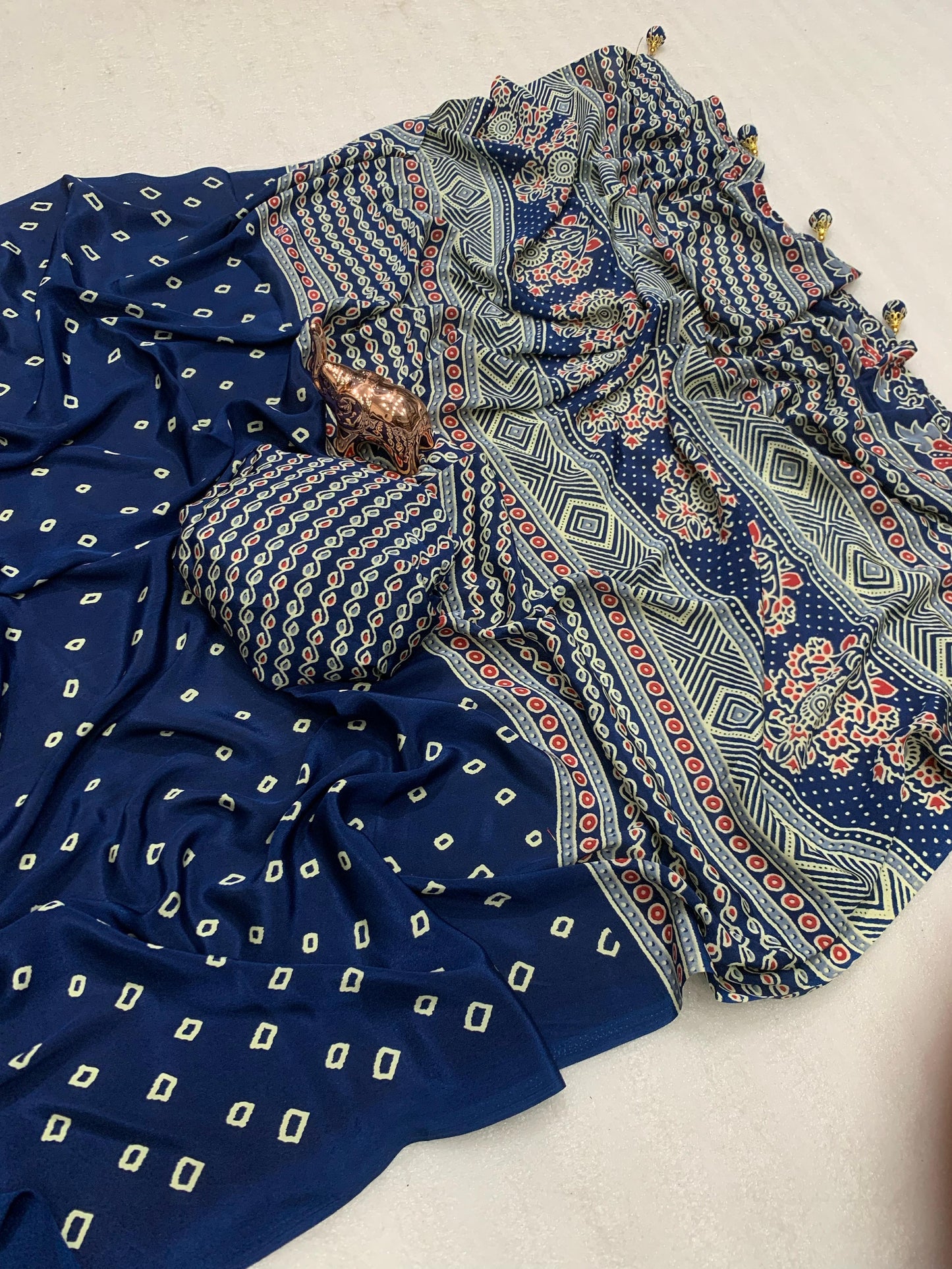 Kayatri New Ajrak printed Rich Pallu With Heavy Tussles Sarees