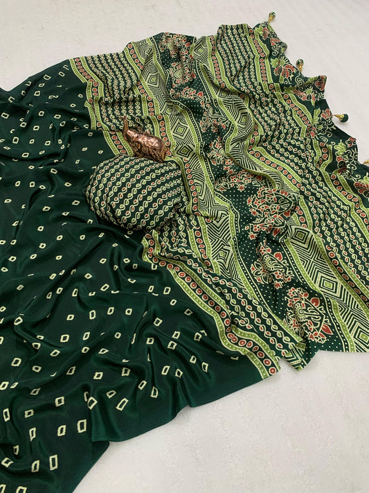 Kayatri New Ajrak printed Rich Pallu With Heavy Tussles Sarees