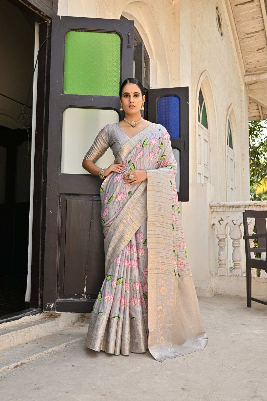 Kayatri New Soft Cotton Silk Floral Weaving Border Wih Lotus Print Saree