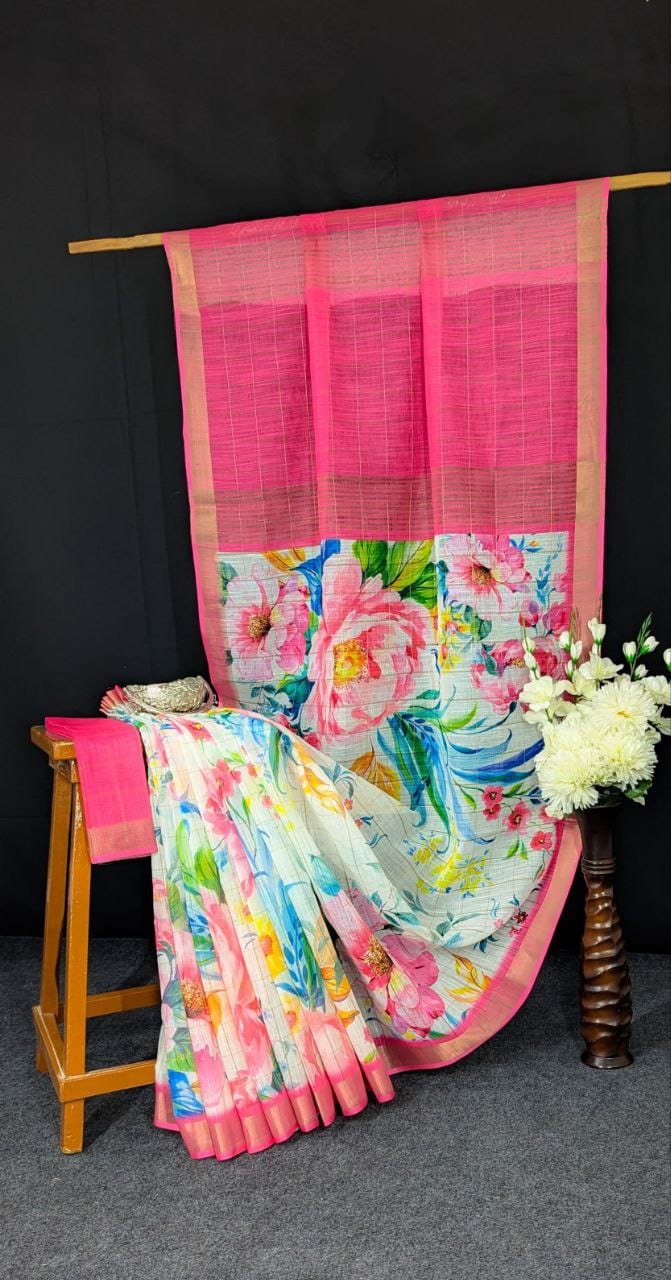 Kayatri New Linen With Gold jari border with weaving Line Digital Print Saree