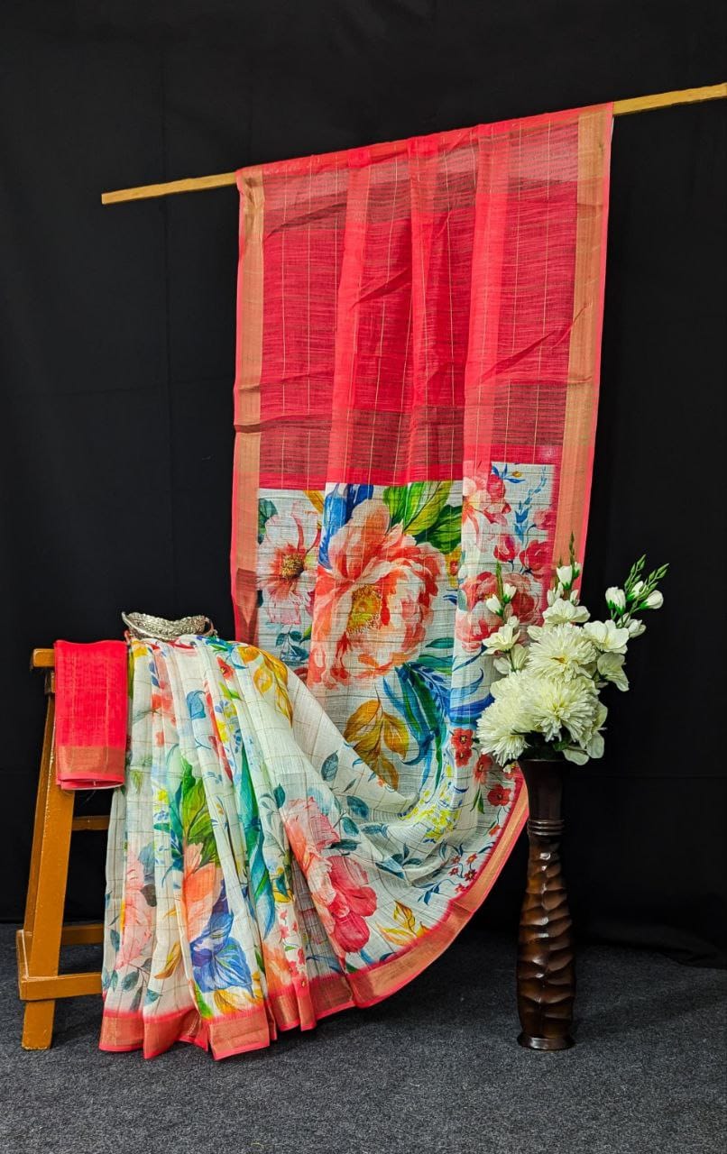 Kayatri New Linen With Gold jari border with weaving Line Digital Print Saree
