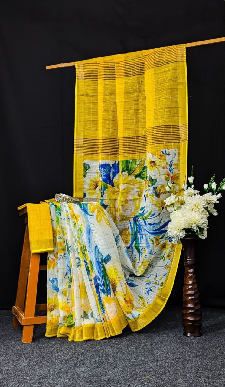 Kayatri New Linen With Gold jari border with weaving Line Digital Print Saree