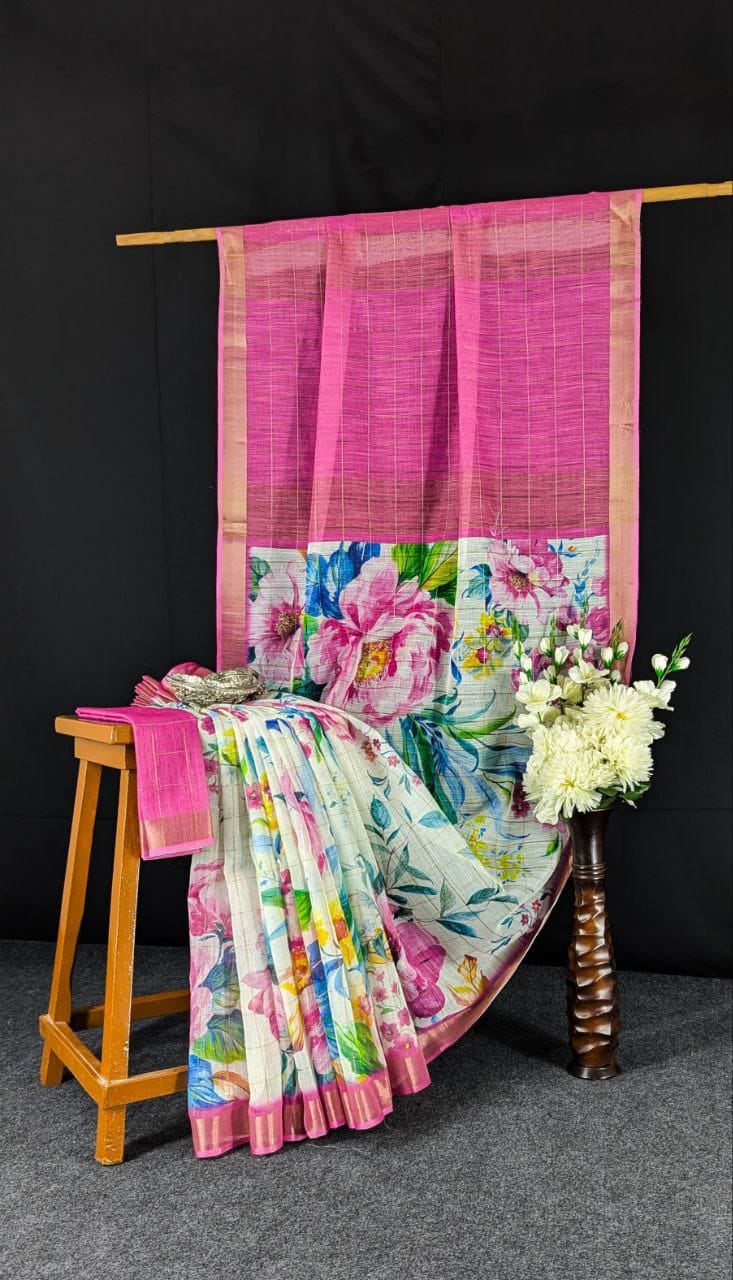 Kayatri New Linen With Gold jari border with weaving Line Digital Print Saree