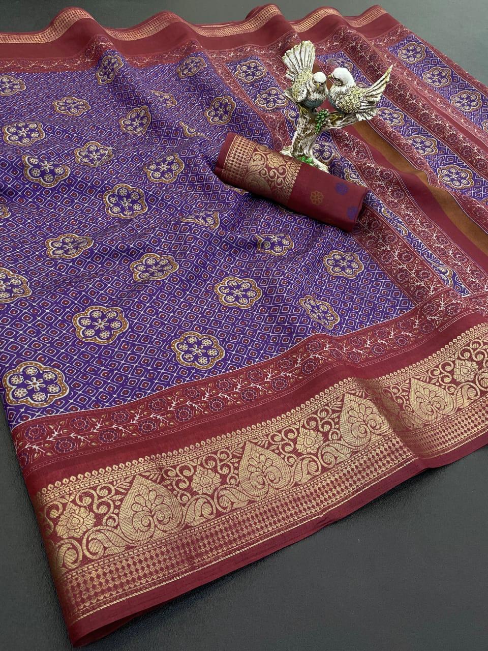 Kayatri Bandhani Print Zari Jecard Kanjivaram Zari Boder Saree