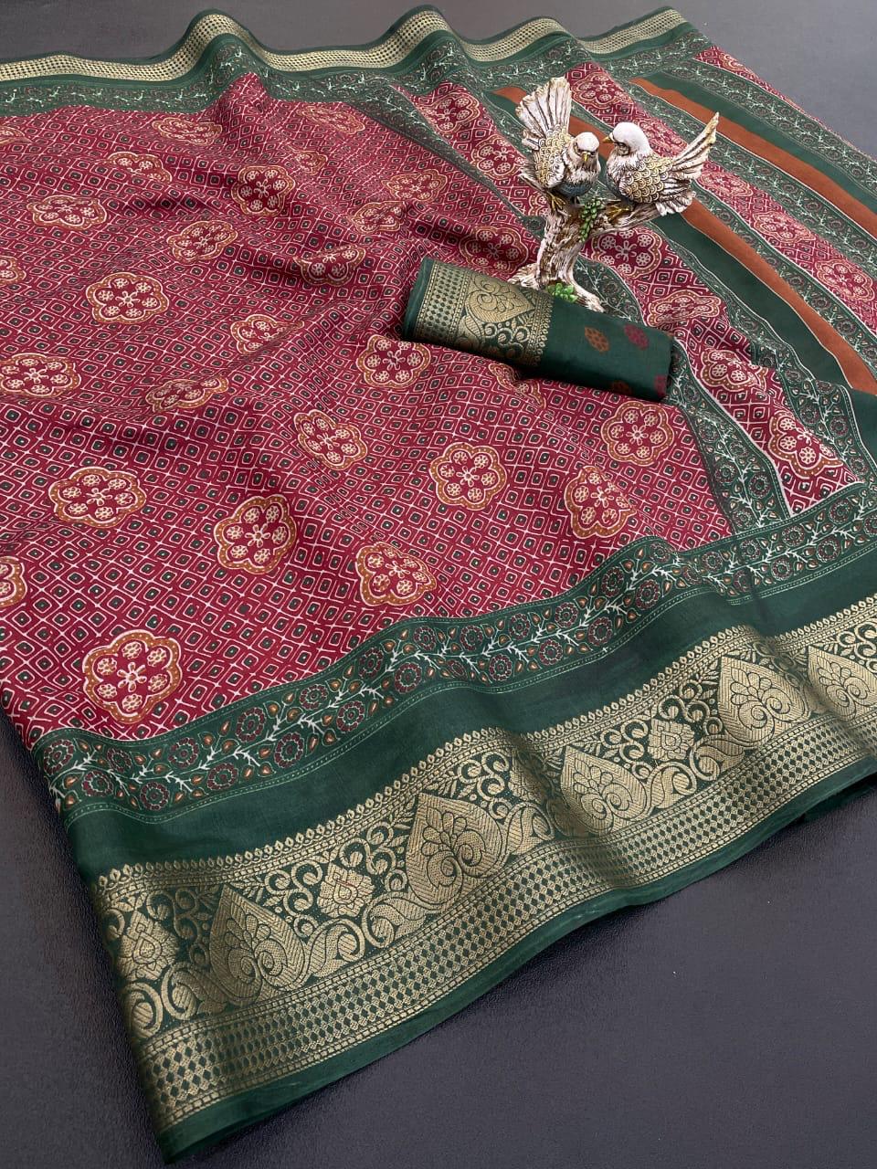 Kayatri Bandhani Print Zari Jecard Kanjivaram Zari Boder Saree
