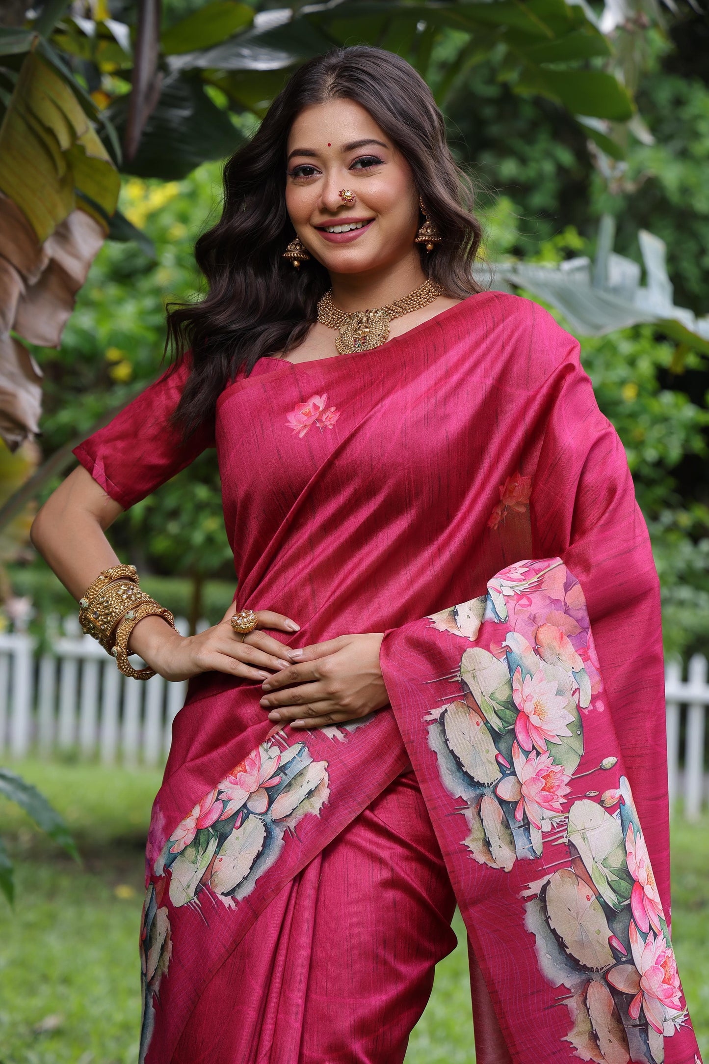 Kayatri New Tussar Silk Lotus Print With Floral Printed Saree