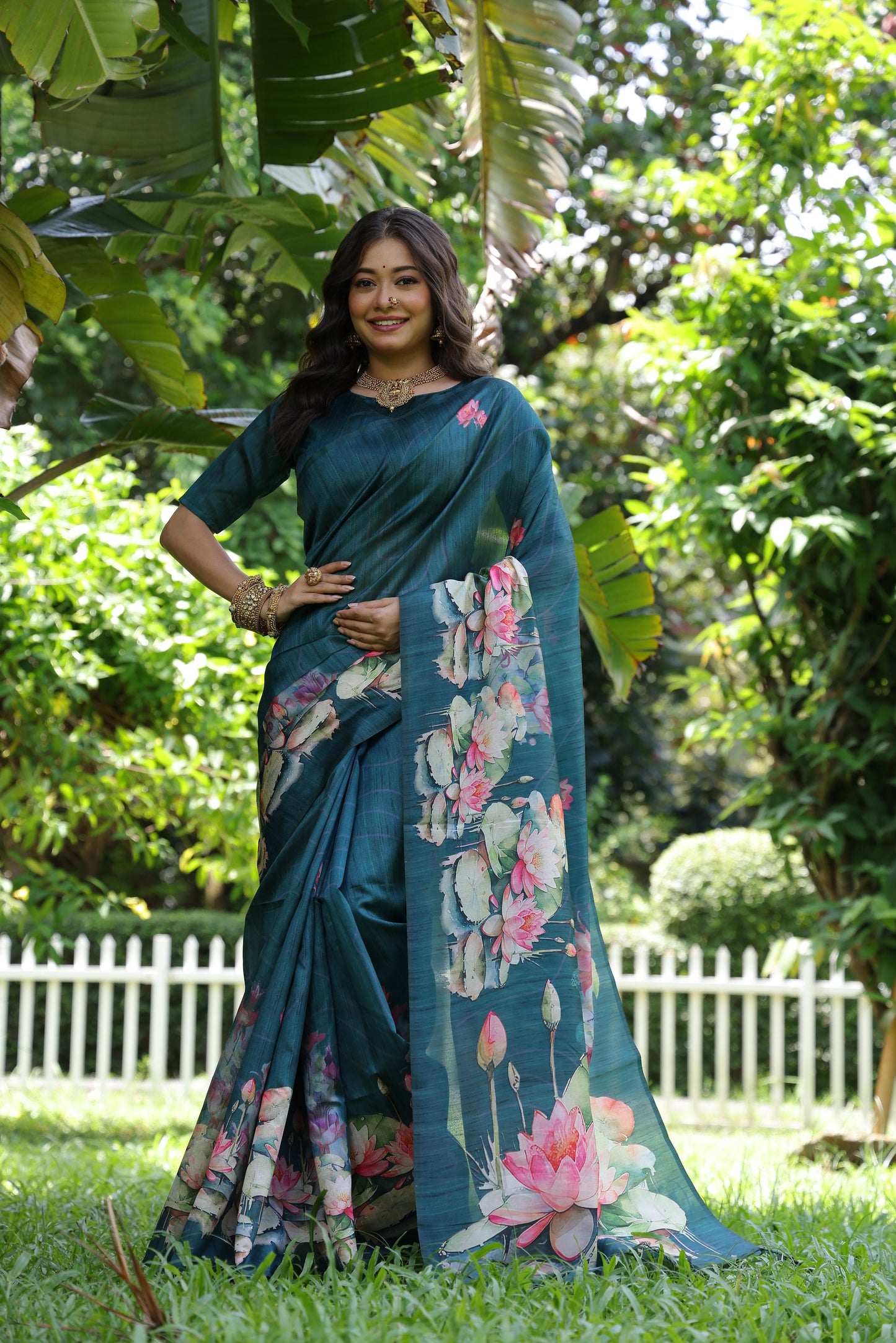 Kayatri New Tussar Silk Lotus Print With Floral Printed Saree