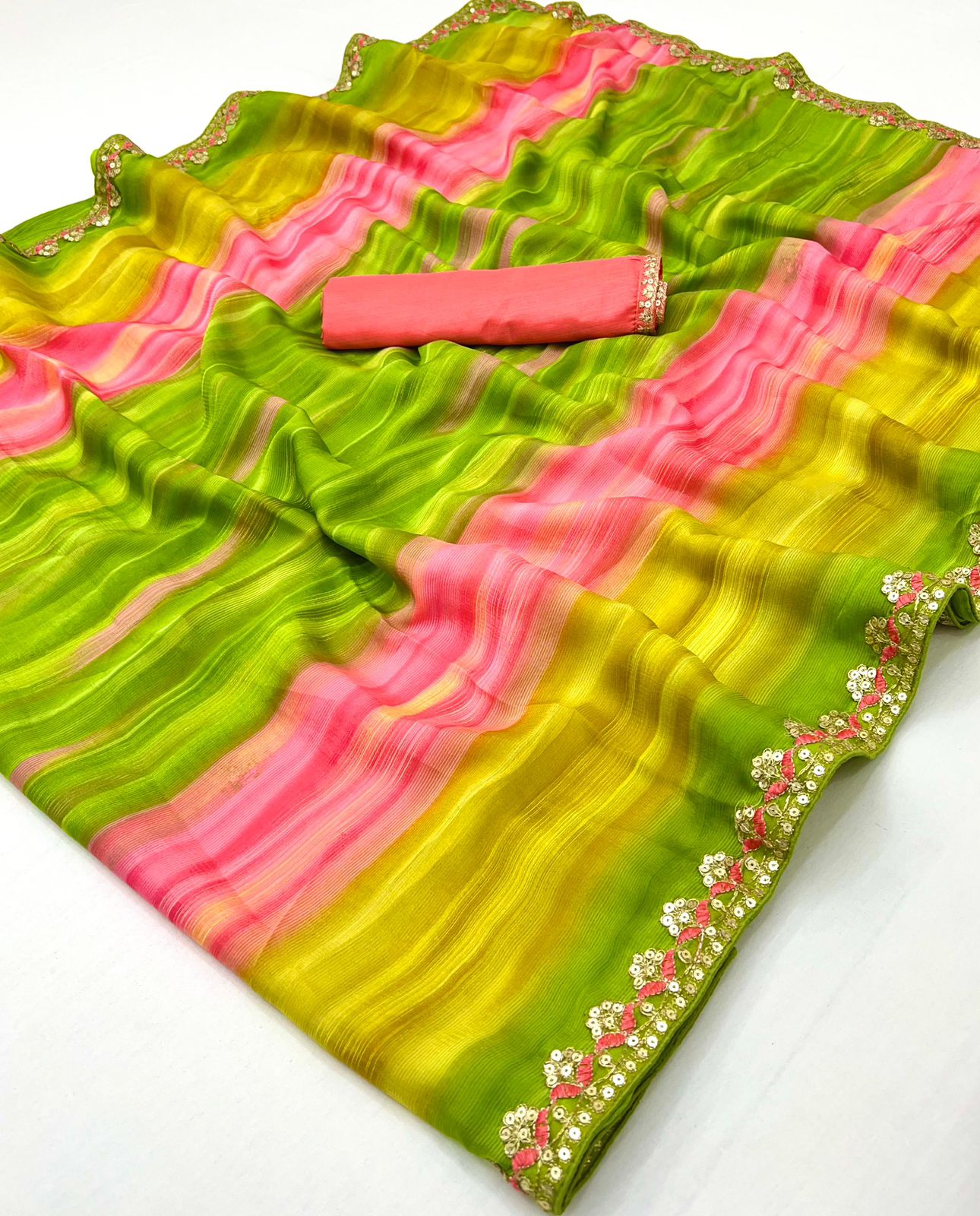 Kayatri New Chiffon Sequence Leheriya Bandhani Print Saree