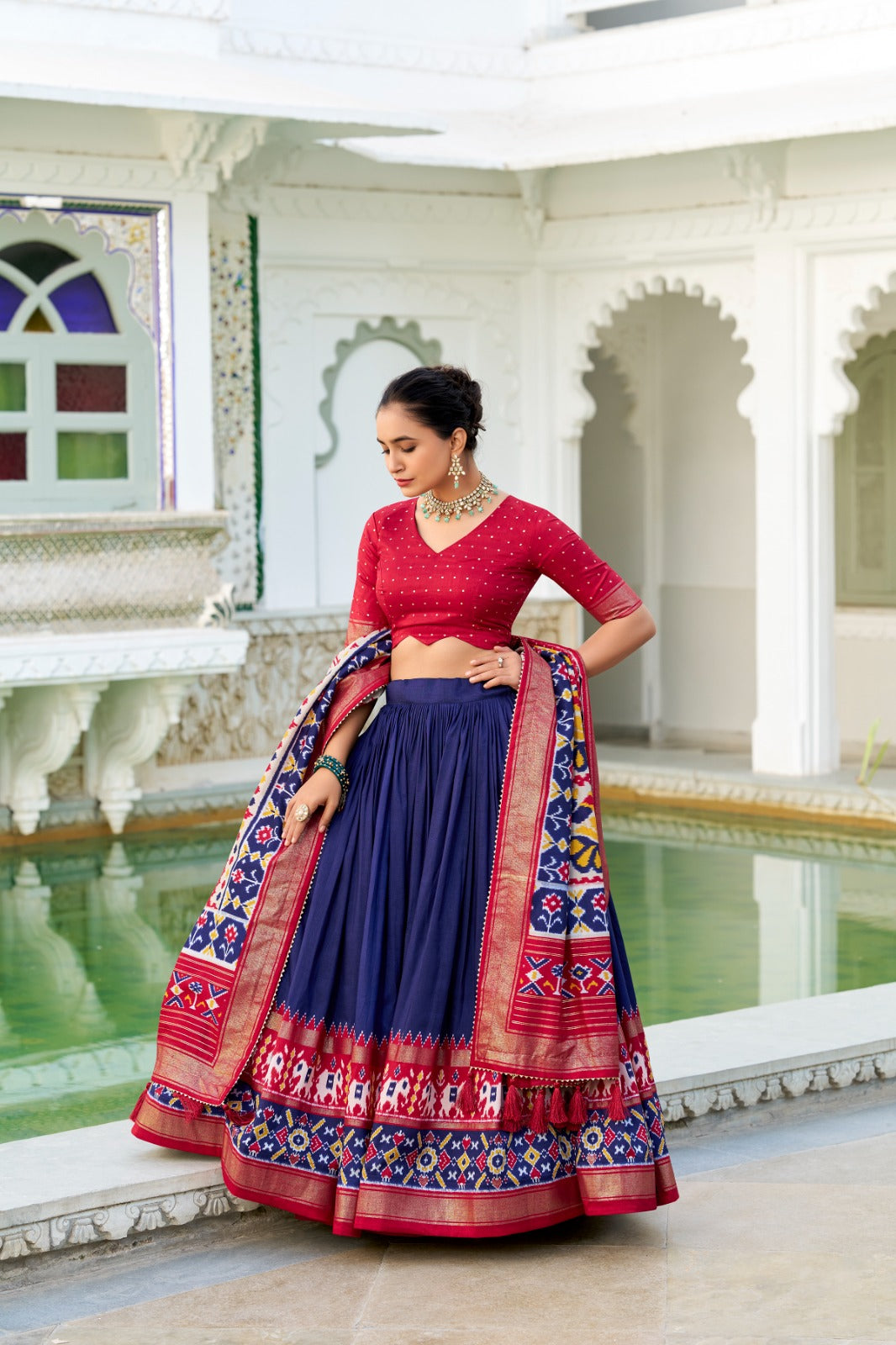 Kayatri New Tussar Silk Patola Print With Foil Work Lehenga