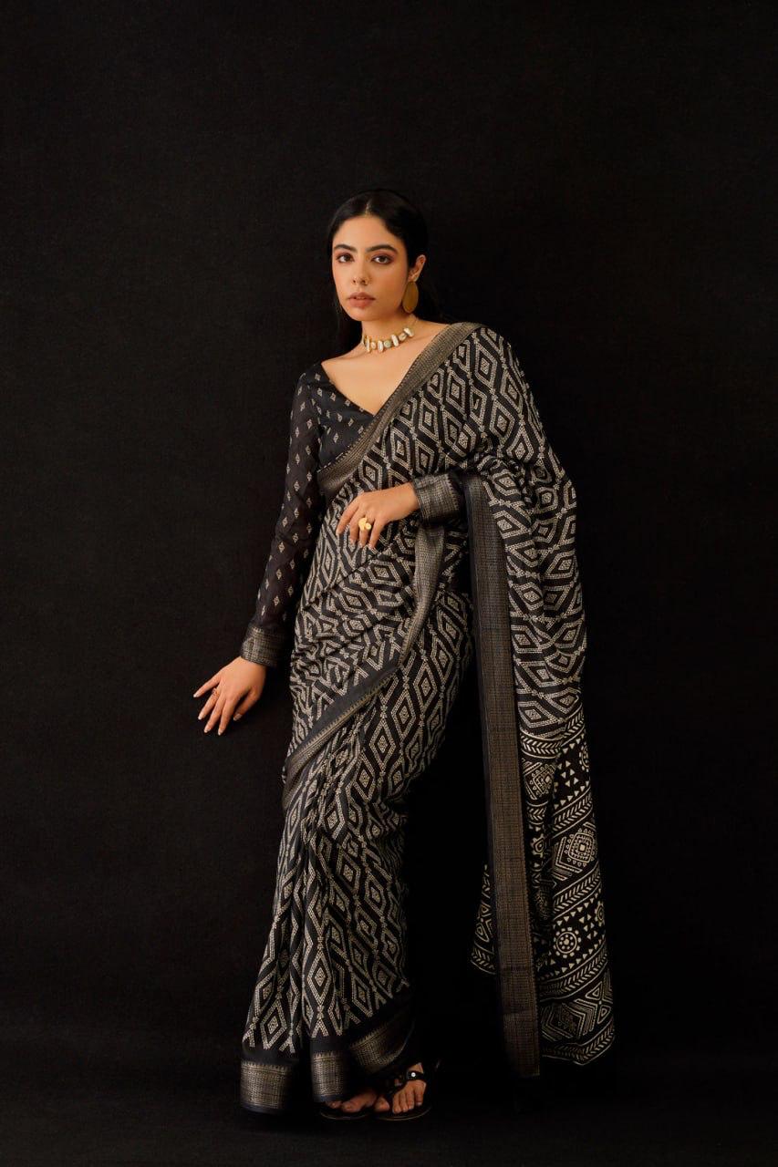 Kayatri New Mulmul Hand Block Print With Zari Border Saree