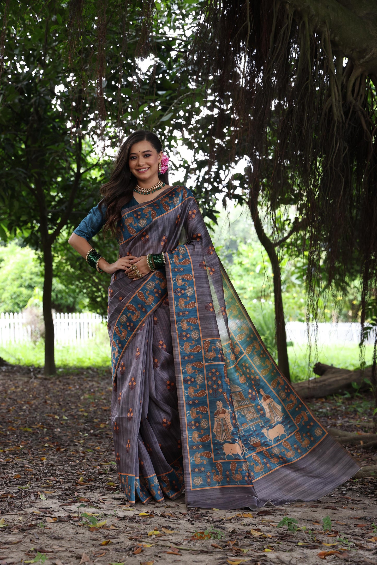 Kayatri New Soft Tussar Silk Peacock Print Saree