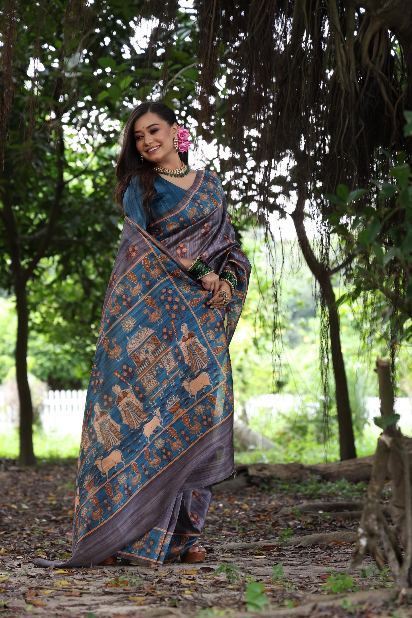 Kayatri New Soft Tussar Silk Peacock Print Saree
