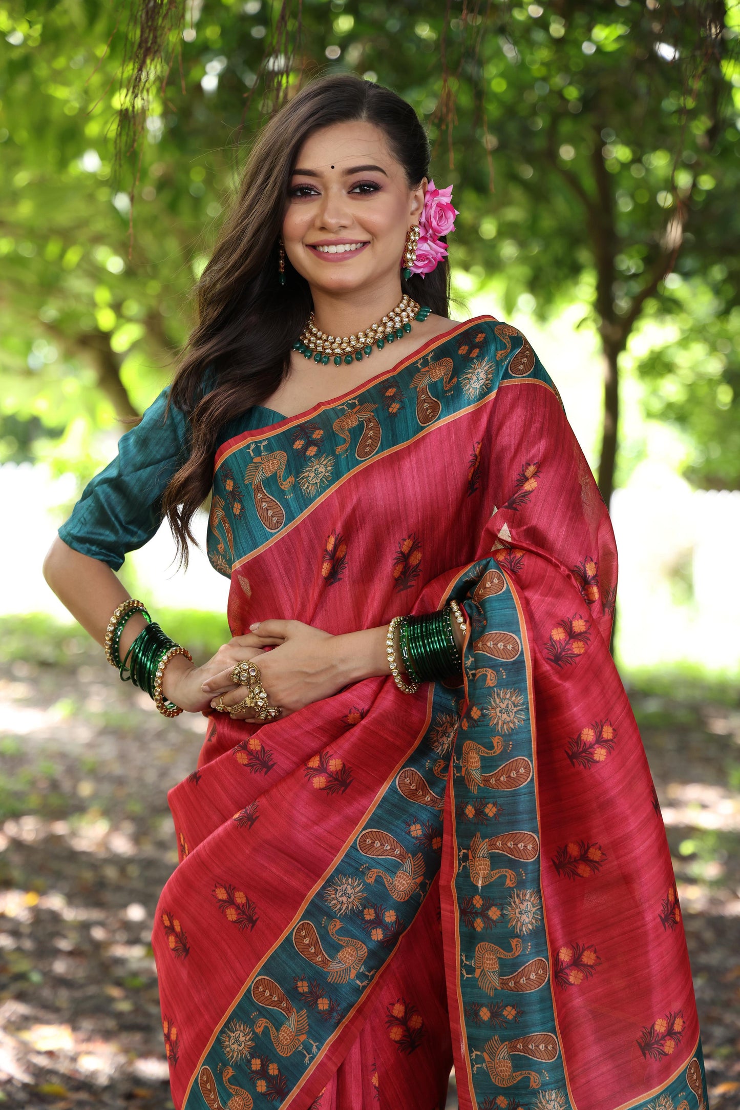 Kayatri New Soft Tussar Silk Peacock Print Saree