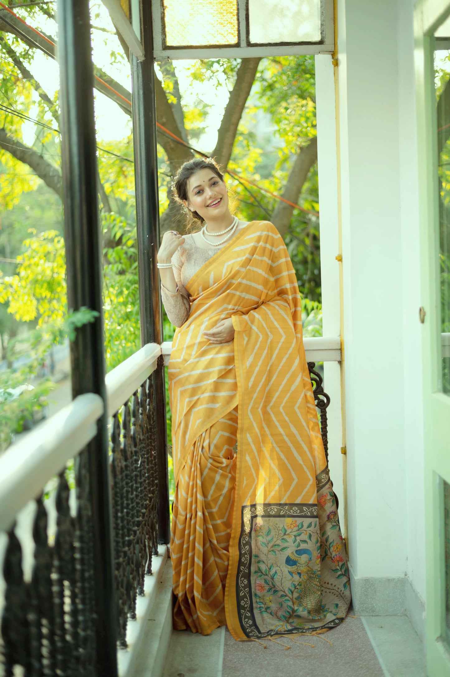 Kayari New Tussar Silk Leheriya With Kalamkari Peacock Pallu Saree