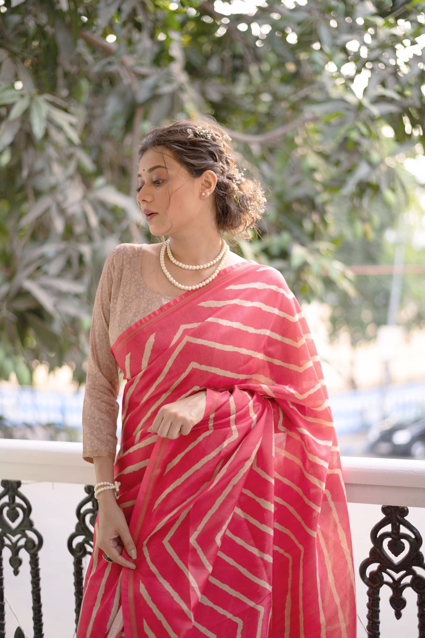 Kayari New Tussar Silk Leheriya With Kalamkari Peacock Pallu Saree