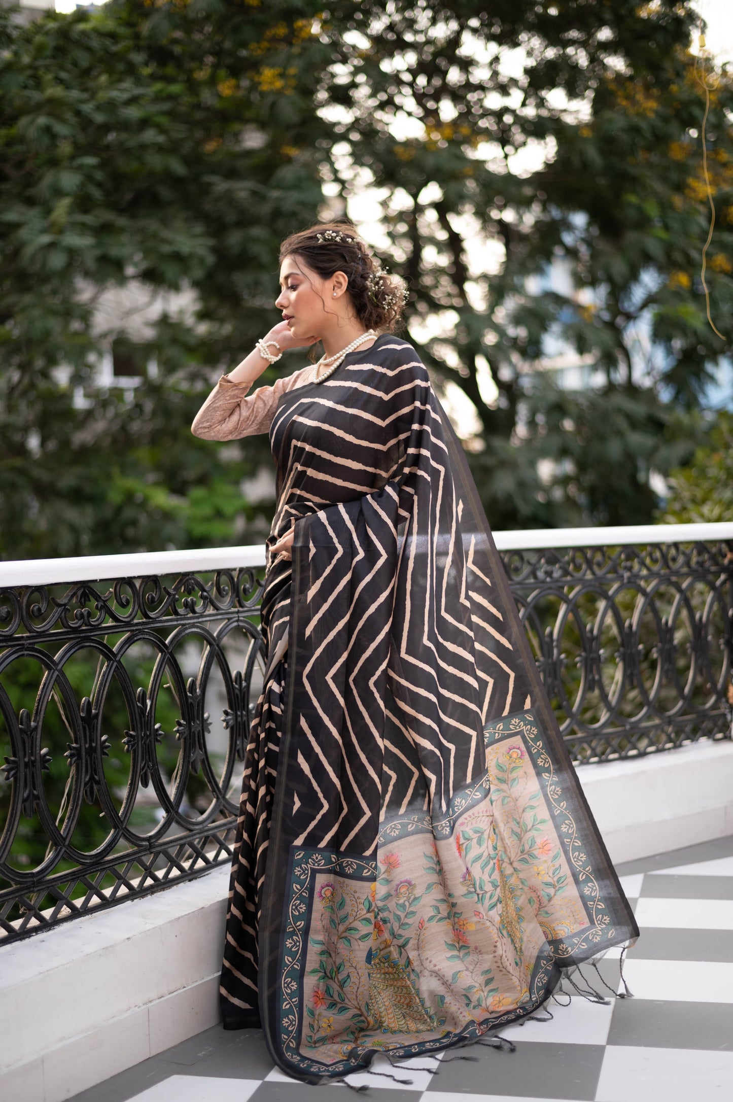 Kayari New Tussar Silk Leheriya With Kalamkari Peacock Pallu Saree