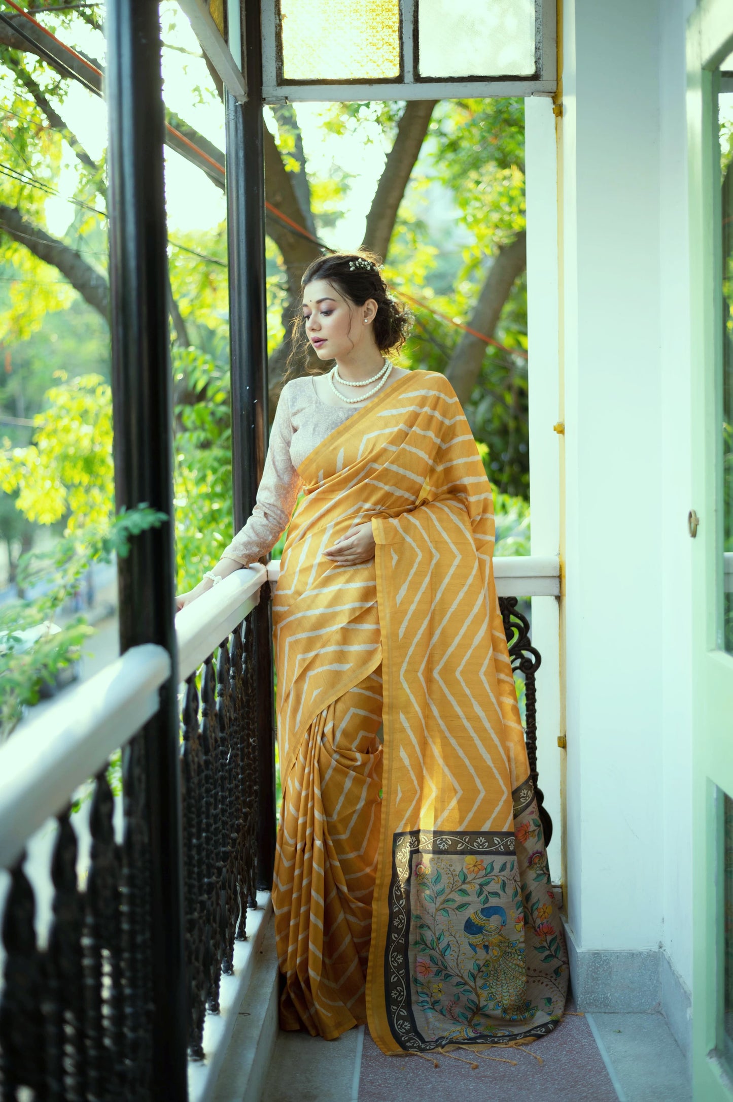 Kayari New Tussar Silk Leheriya With Kalamkari Peacock Pallu Saree