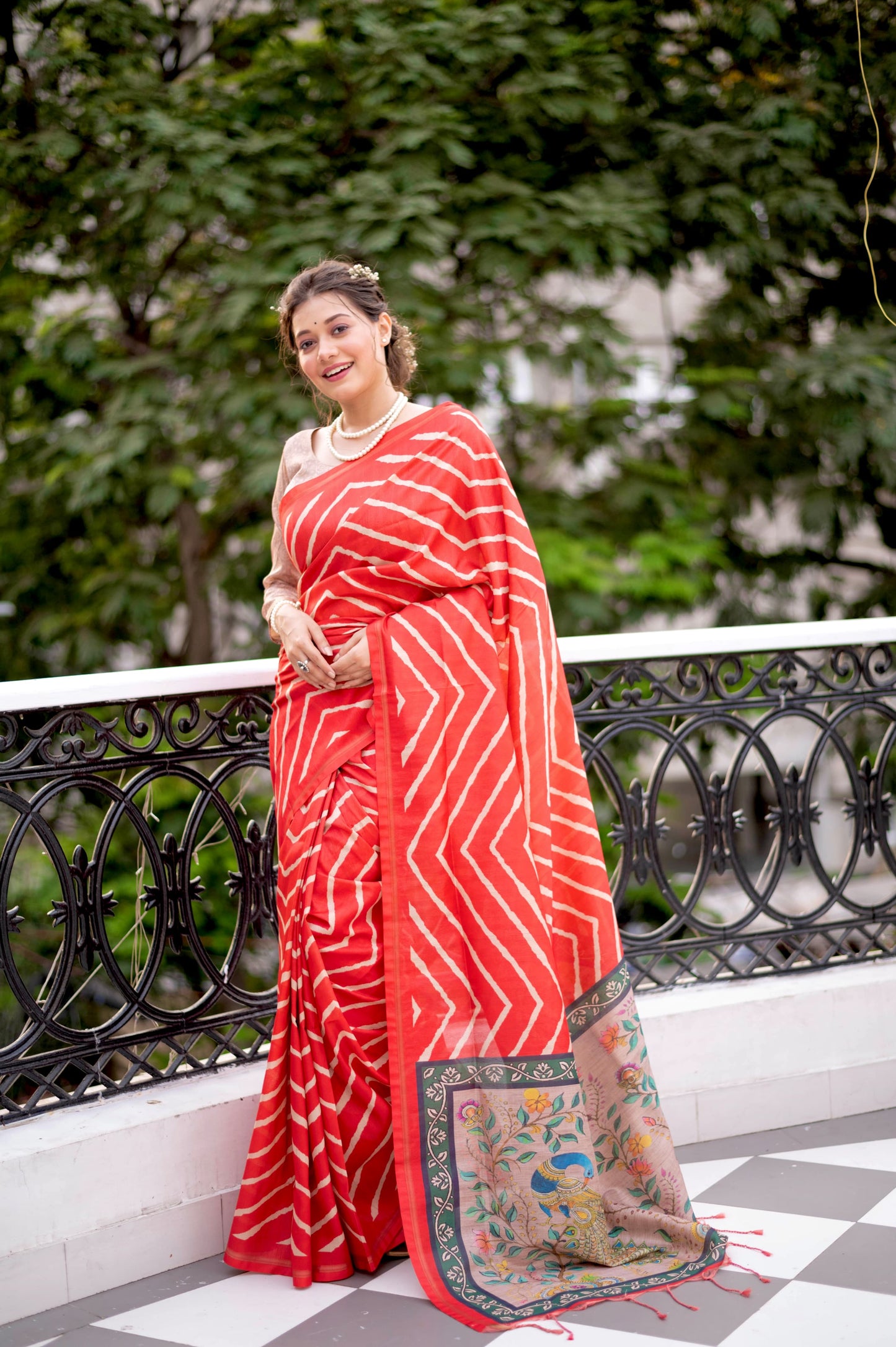 Kayari New Tussar Silk Leheriya With Kalamkari Peacock Pallu Saree