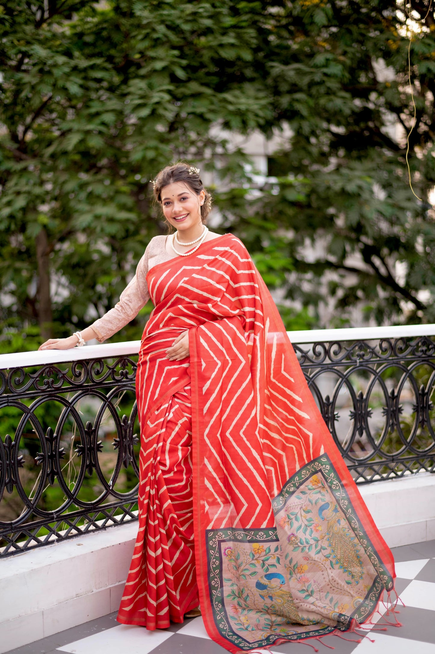 Kayari New Tussar Silk Leheriya With Kalamkari Peacock Pallu Saree