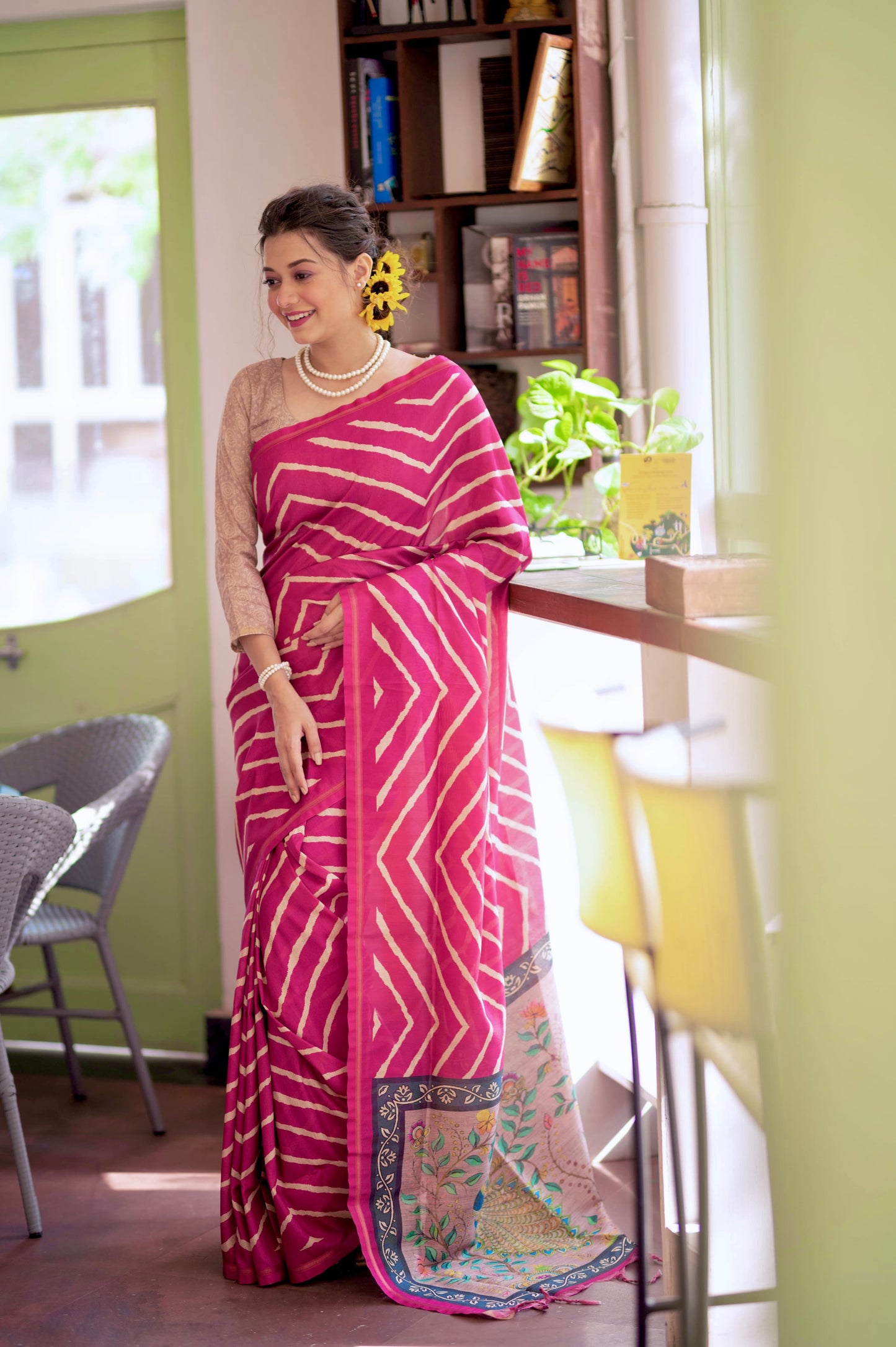 Kayari New Tussar Silk Leheriya With Kalamkari Peacock Pallu Saree