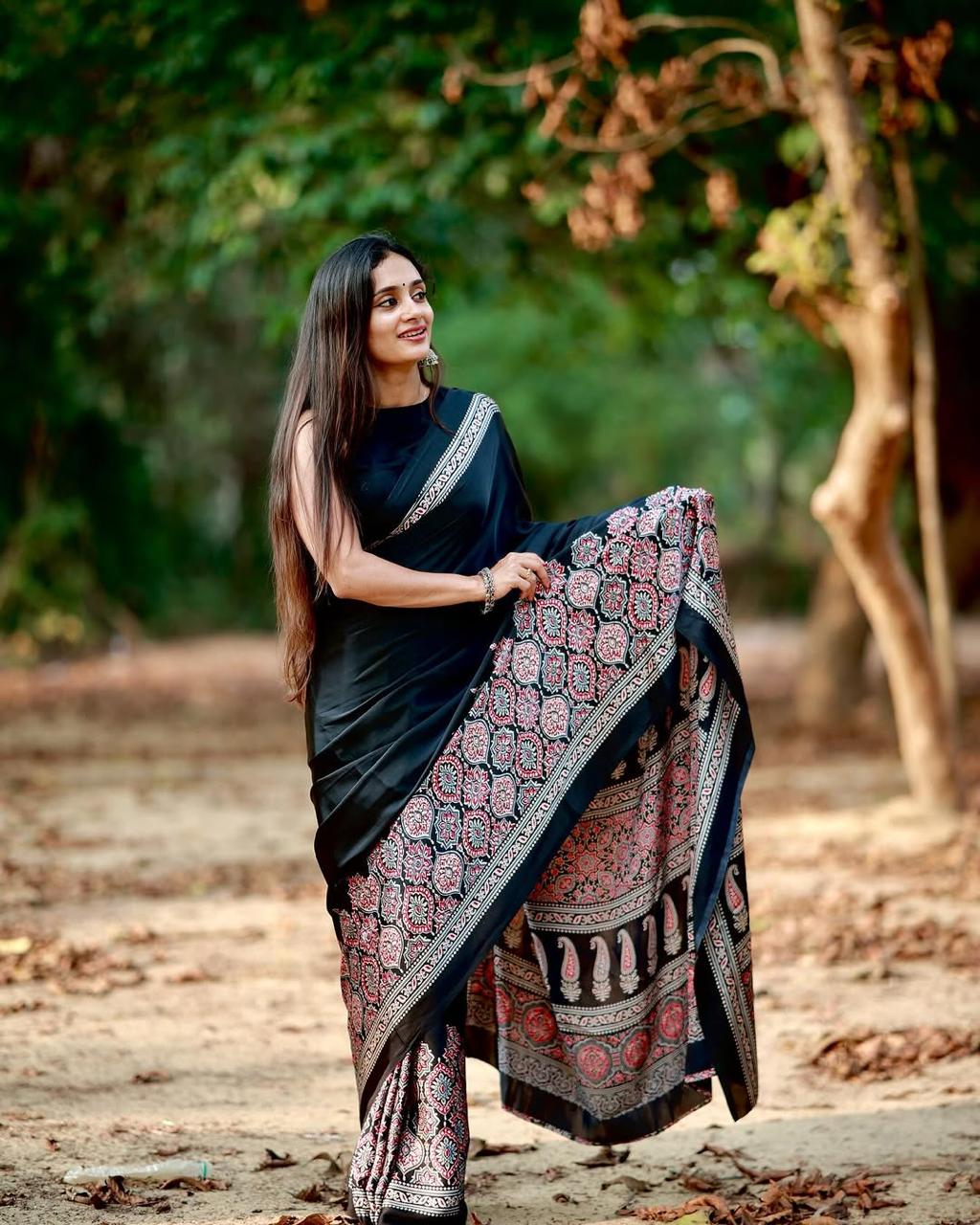 Kayatri New Pure Crape Satin Ajrakh Printed Saree