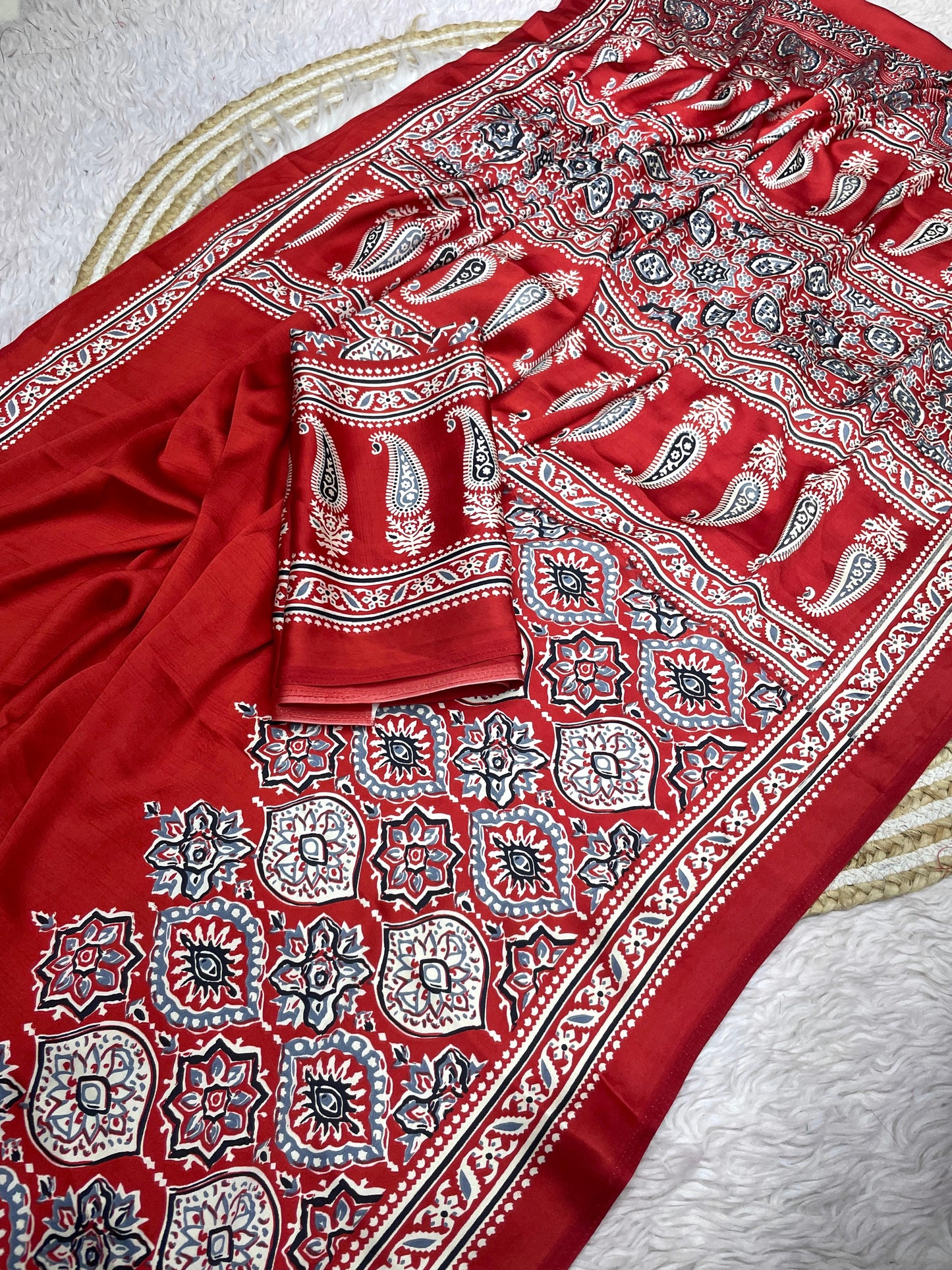 Kayatri New Designer Pure Crape Satin Ajrakh Printed Saree