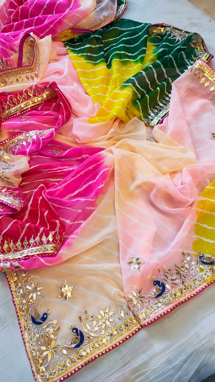 Kayatri New Leheriya Style Hand Gota Peacock Saree