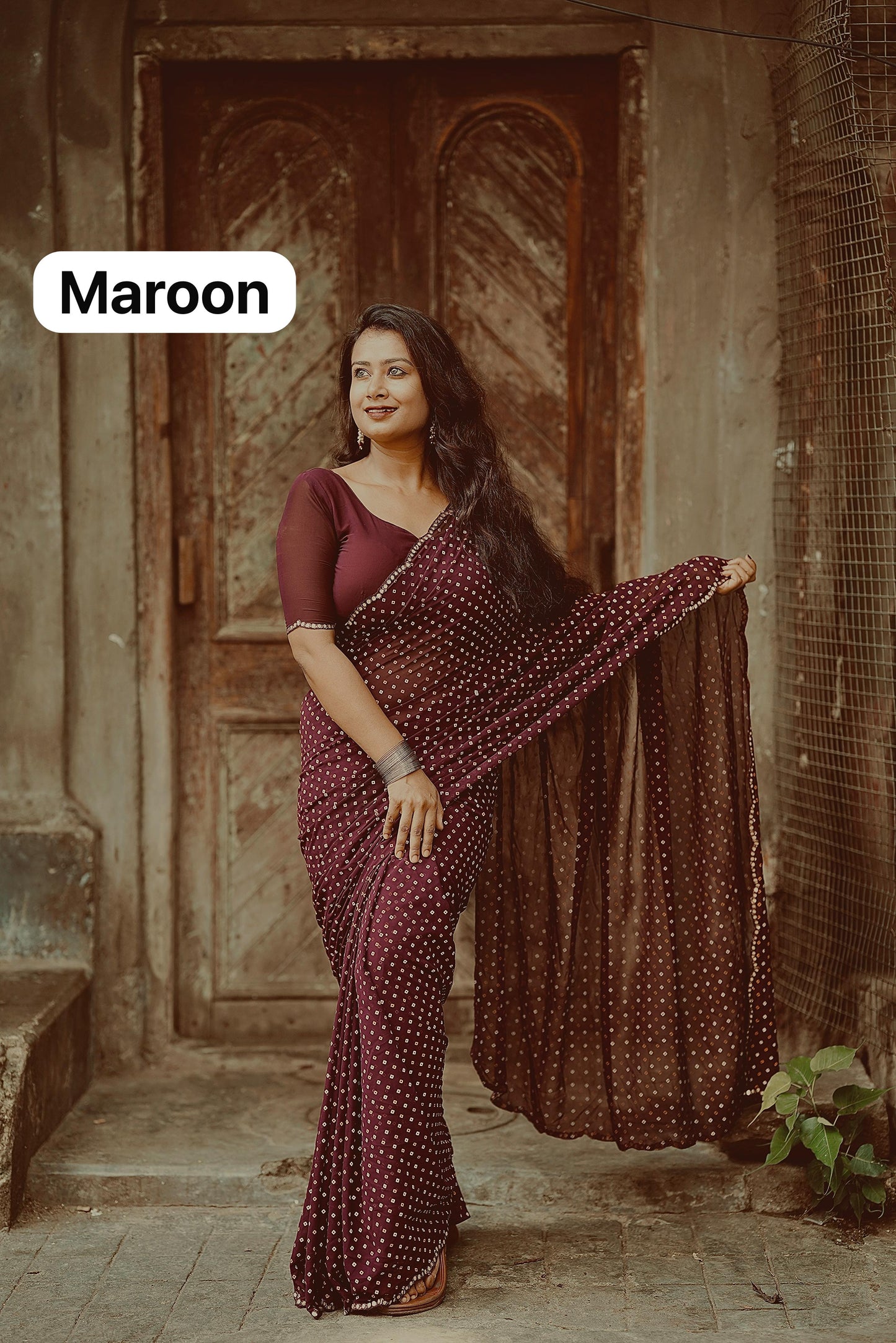 Kayatri New Viscose Georgette Block Print Bandhej Saree