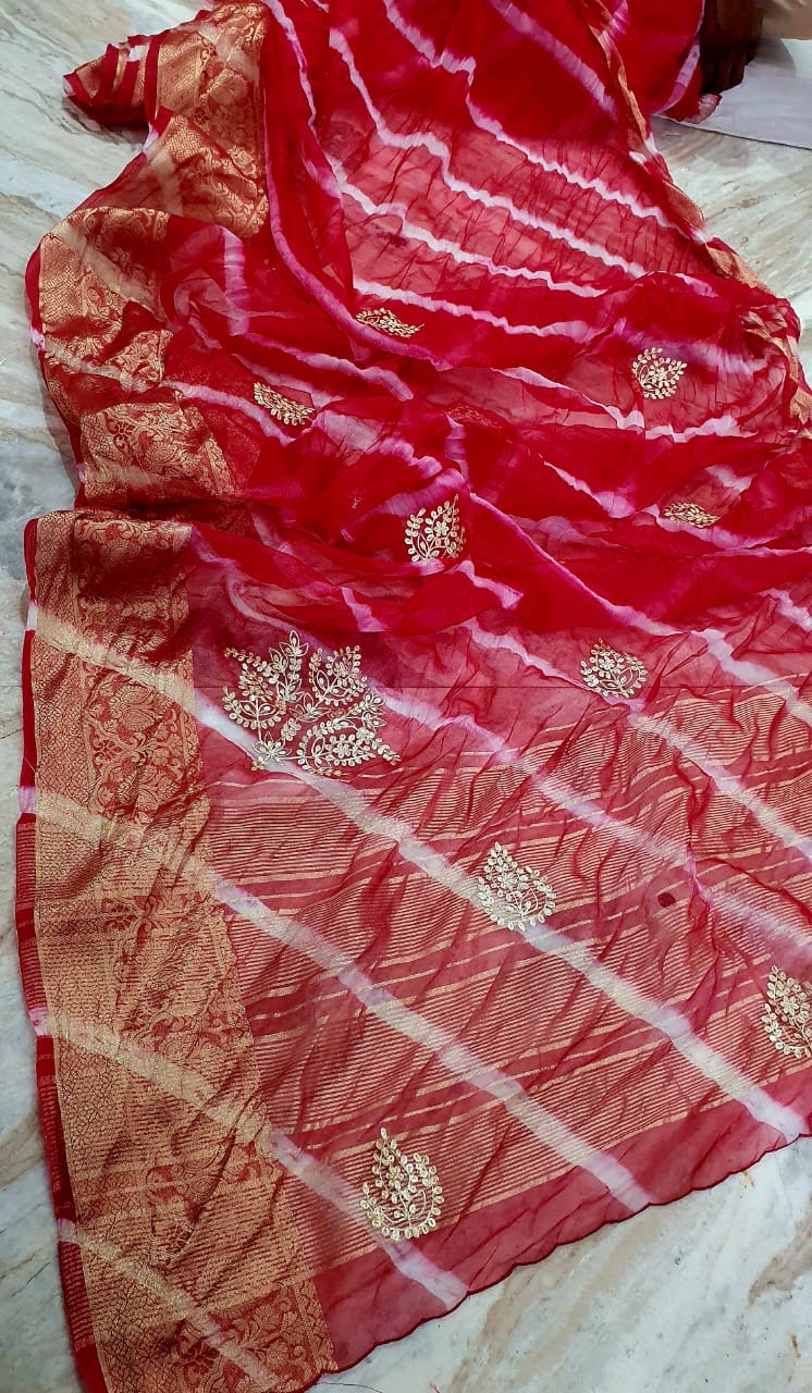 Kayatri New Pure Organza Pittan Work Leheriya Style Saree