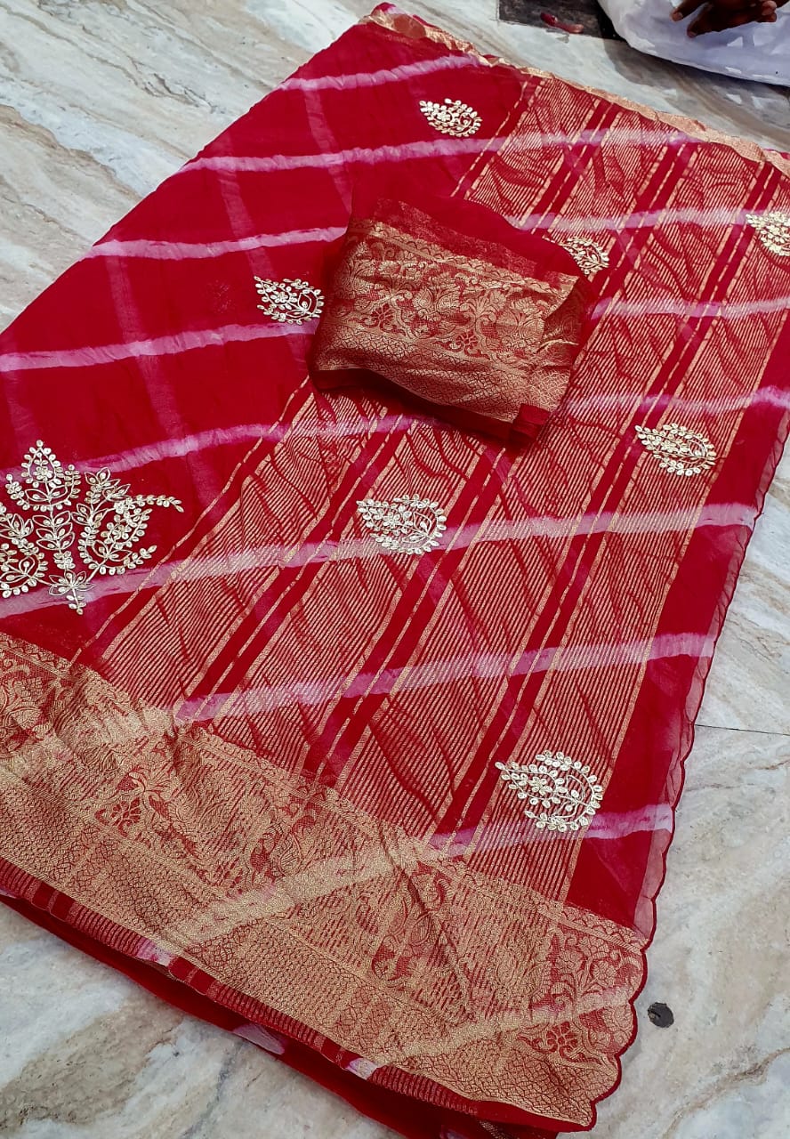 Kayatri New Pure Organza Pittan Work Leheriya Style Saree