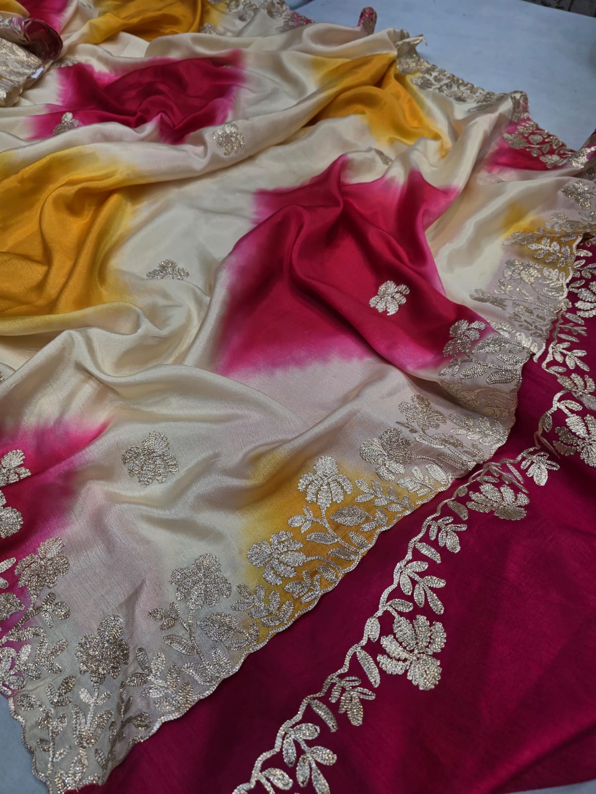 Kayatri New Pure Tusser Chinon Charki Gotapati Work Saree