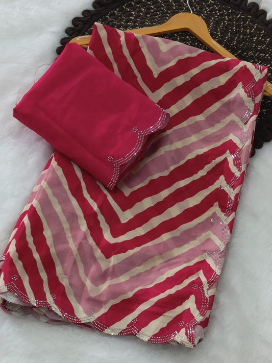 Kayatri New Chinon lehriya Dimond work in cutwork border saree