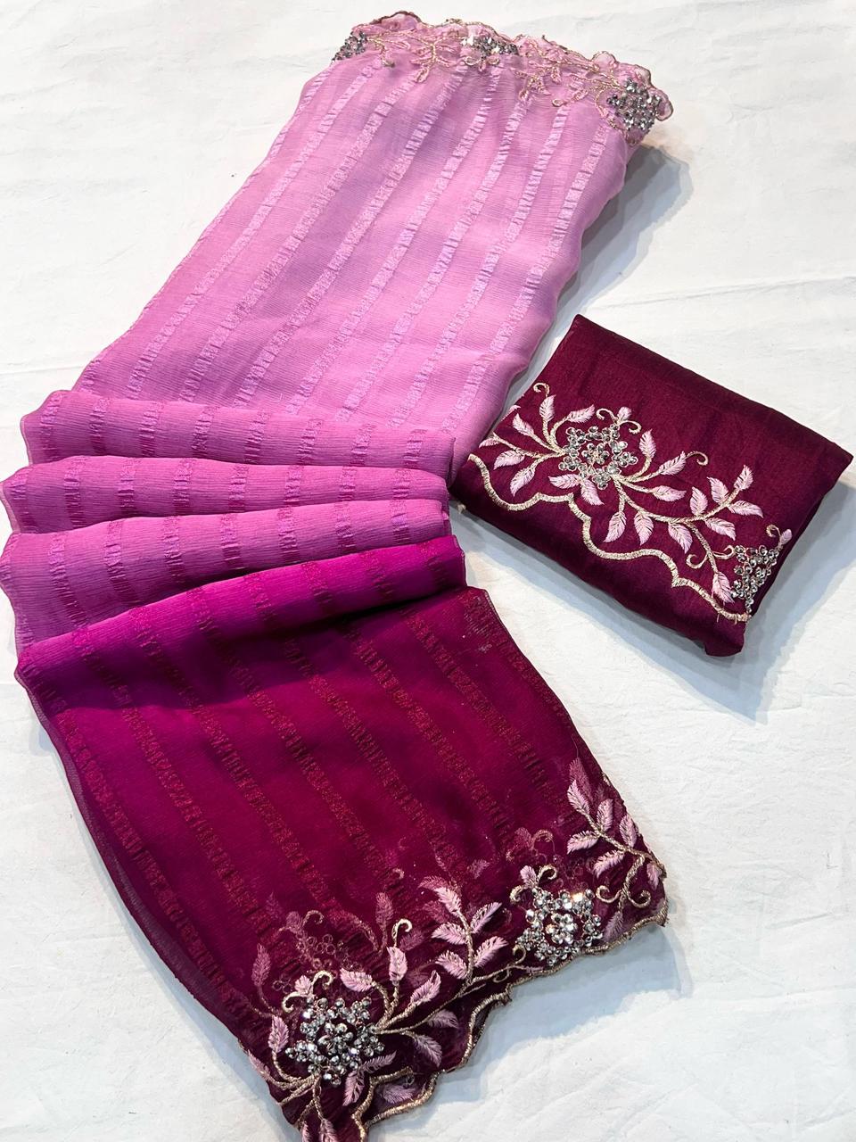 Kayatri New Beautiful shimmer Georgette 3D shaded sarees with pretty embroidery